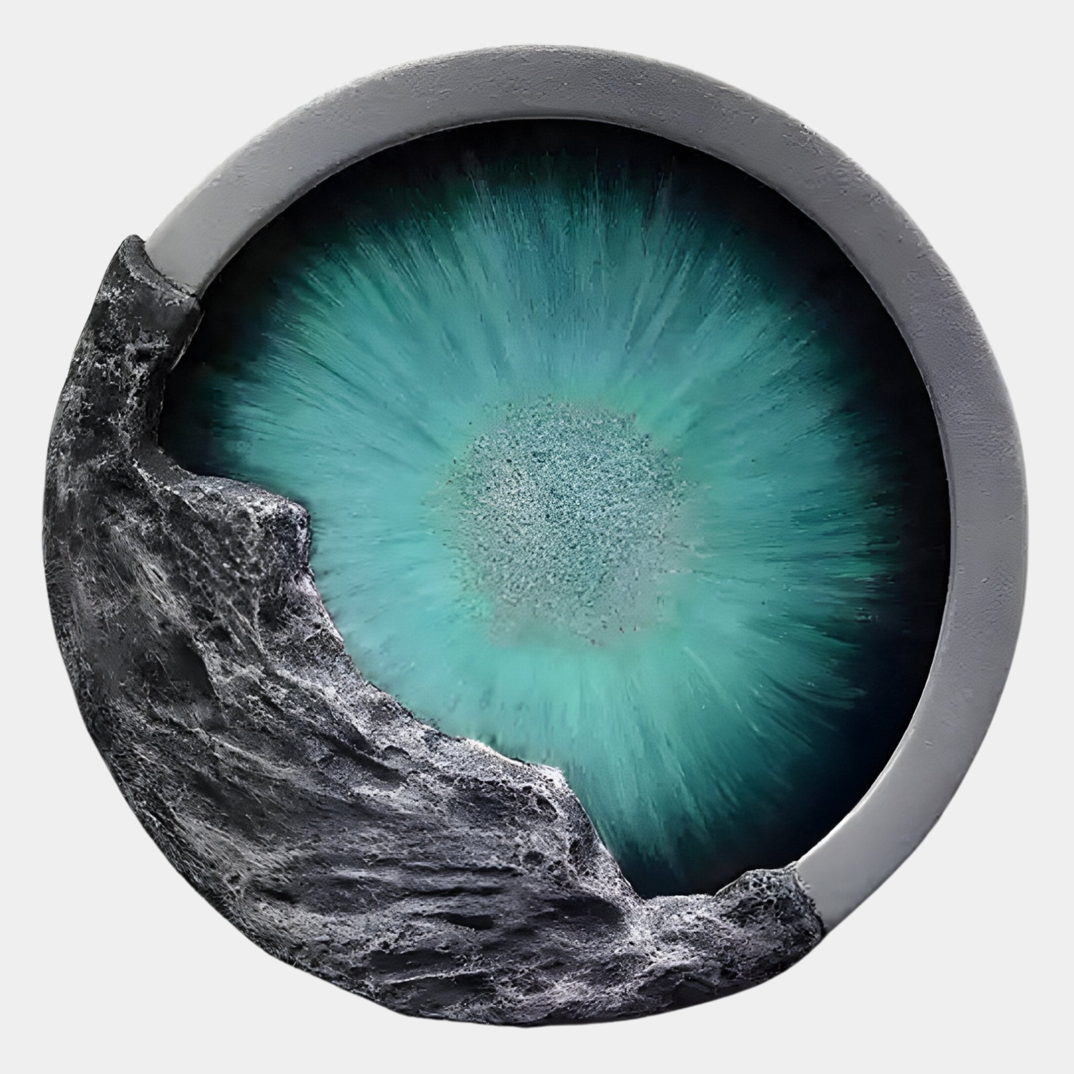 The Auroria Dynamic Fusion Hand-Painted Wood Relief 3D Wall Art by Giant Sculptures features a textured, rocky gray edge partially encircling a vibrant turquoise-blue radial center, creating an abstract eye or explosion of color.