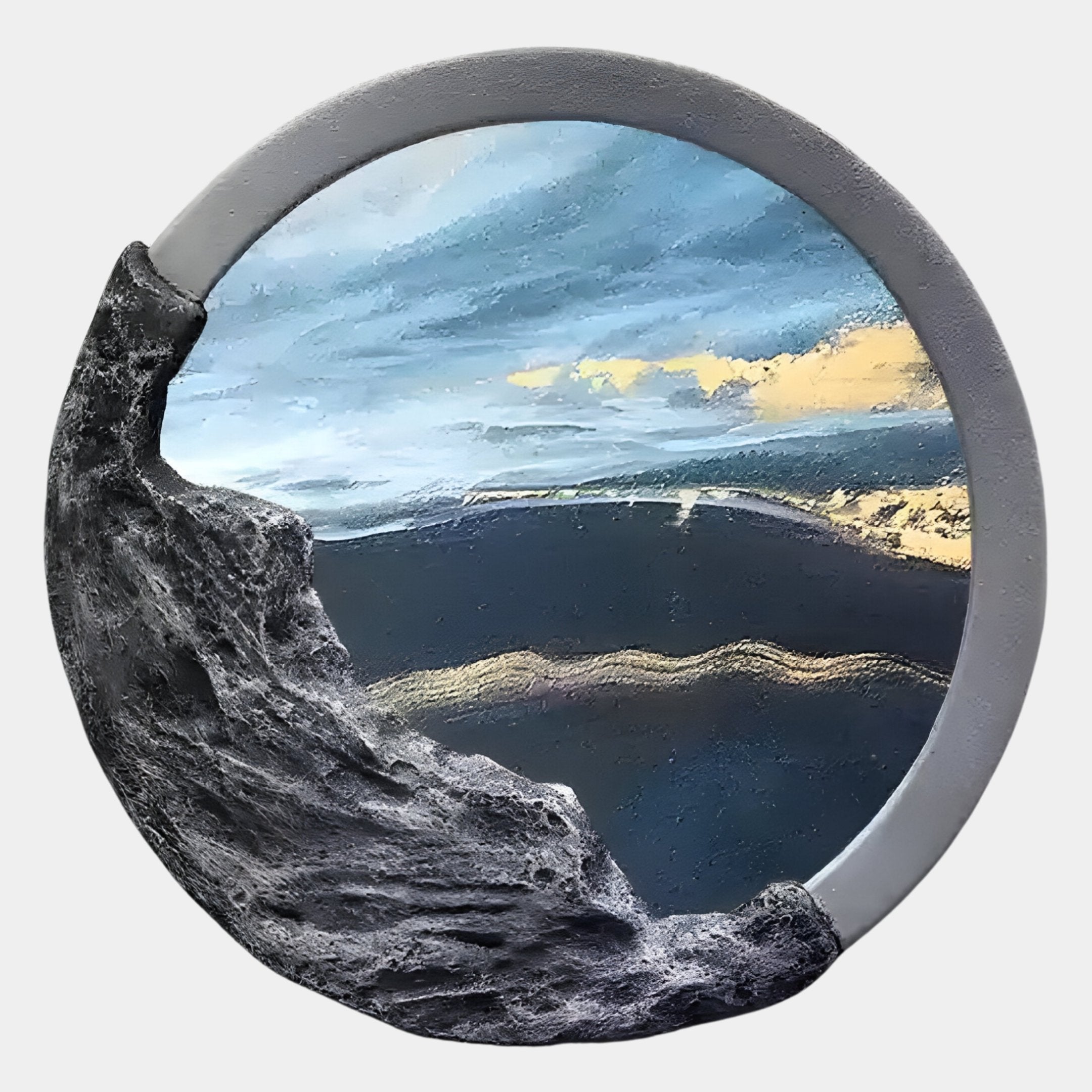 The Auroria Urban Mosaic Hand-Painted Wood Relief 3D Wall Art by Giant Sculptures features a circular, textured dark wood frame that partially encloses serene sky tones, evoking the look of a porthole with urban-inspired mosaic artistry.