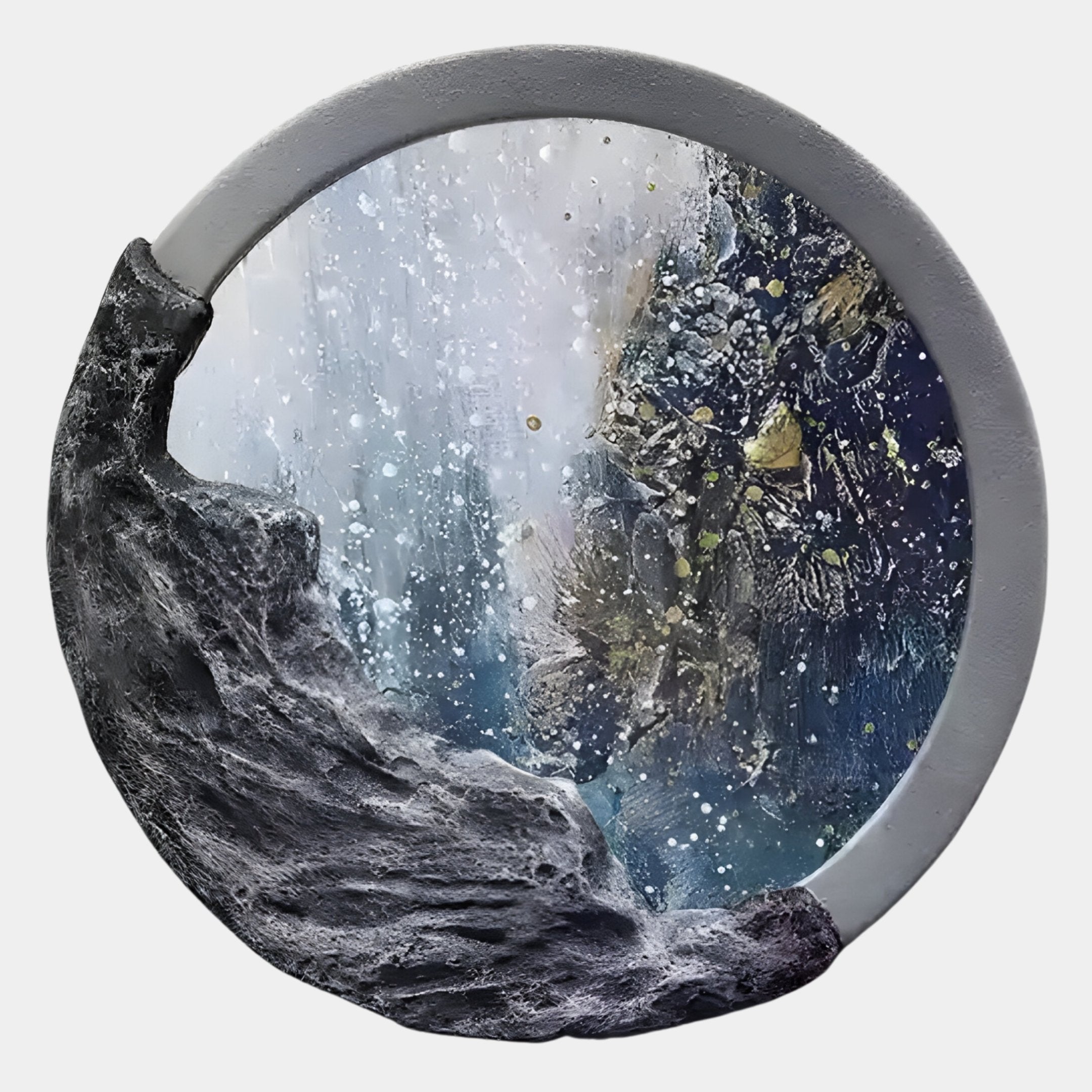 The Auroria Coastal Whisper Hand-Painted Wood Relief 3D Wall Art by Giant Sculptures features a textured, rocky black round surface with an abstract blue, white, and silver cosmic or underwater scene visible through the circular opening.