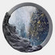 The Auroria Coastal Whisper Hand-Painted Wood Relief 3D Wall Art by Giant Sculptures features a textured, rocky black round surface with an abstract blue, white, and silver cosmic or underwater scene visible through the circular opening.