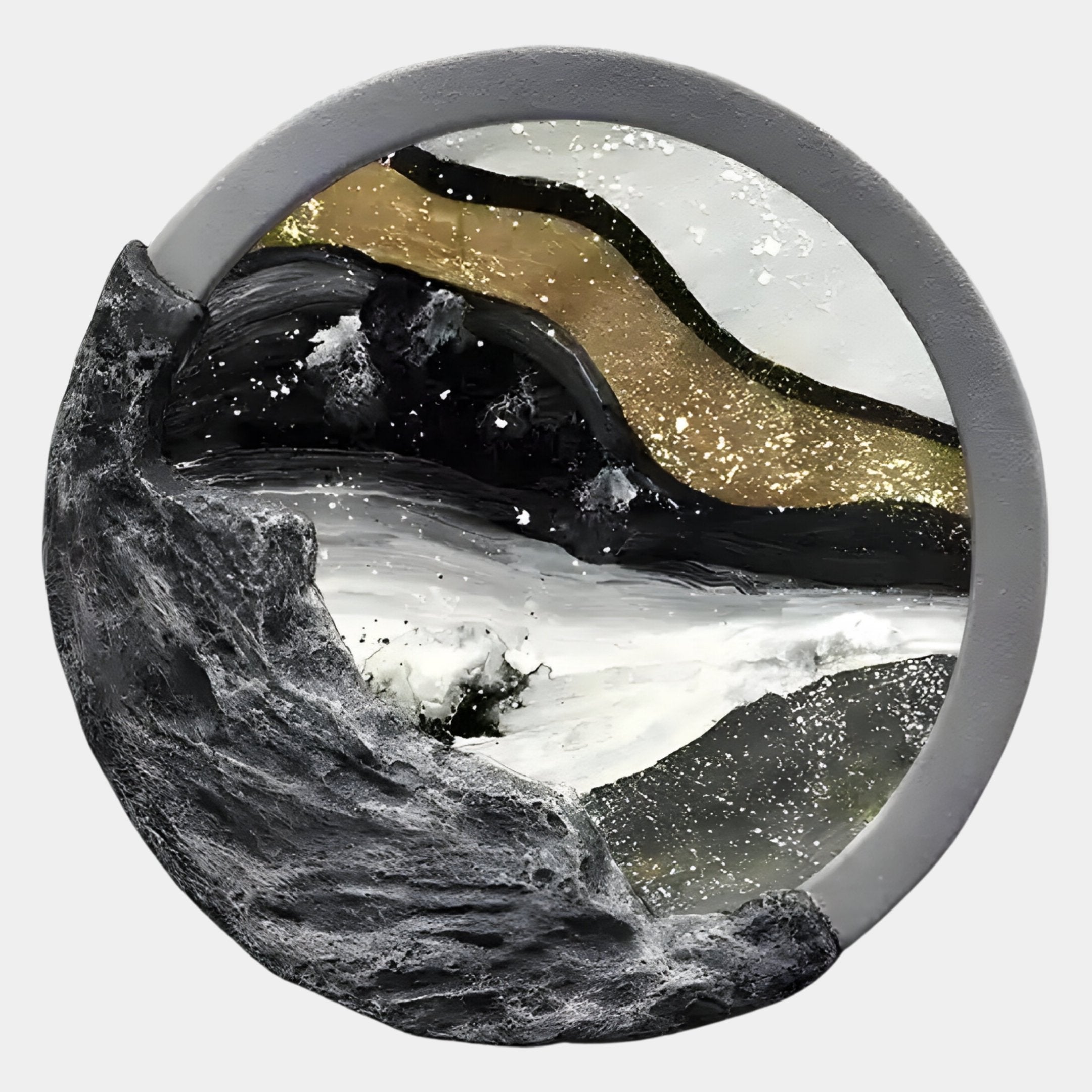 The Auroria Rustic Horizon Hand-Painted Wood Relief 3D Wall Art by Giant Sculptures features wavy black, gold, and white bands with textured gray rock accents, creating a cosmic landscape effect for rustic wall décor.