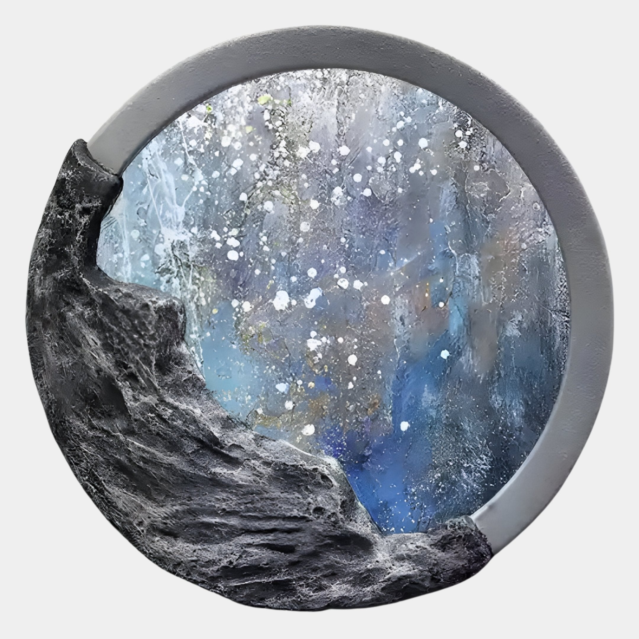 Giant Sculptures Auroria Velvet Dusk Hand-Painted Wood Relief 3D Wall Art features a round, rocky-edged frame revealing a cosmic scene in blue, gray, and white—evoking a starry night or outer space.