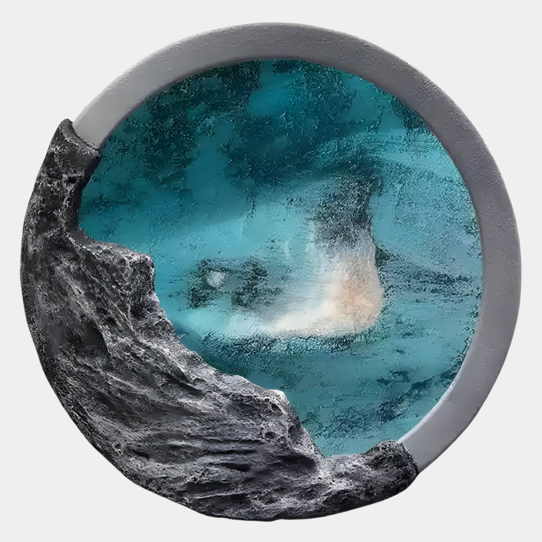 The Auroria Golden Ember Hand-Painted Wood Relief 3D Wall Art by Giant Sculptures features a textured blue and white center, a smooth gray border, and rugged black edge details for a stunning visual effect.