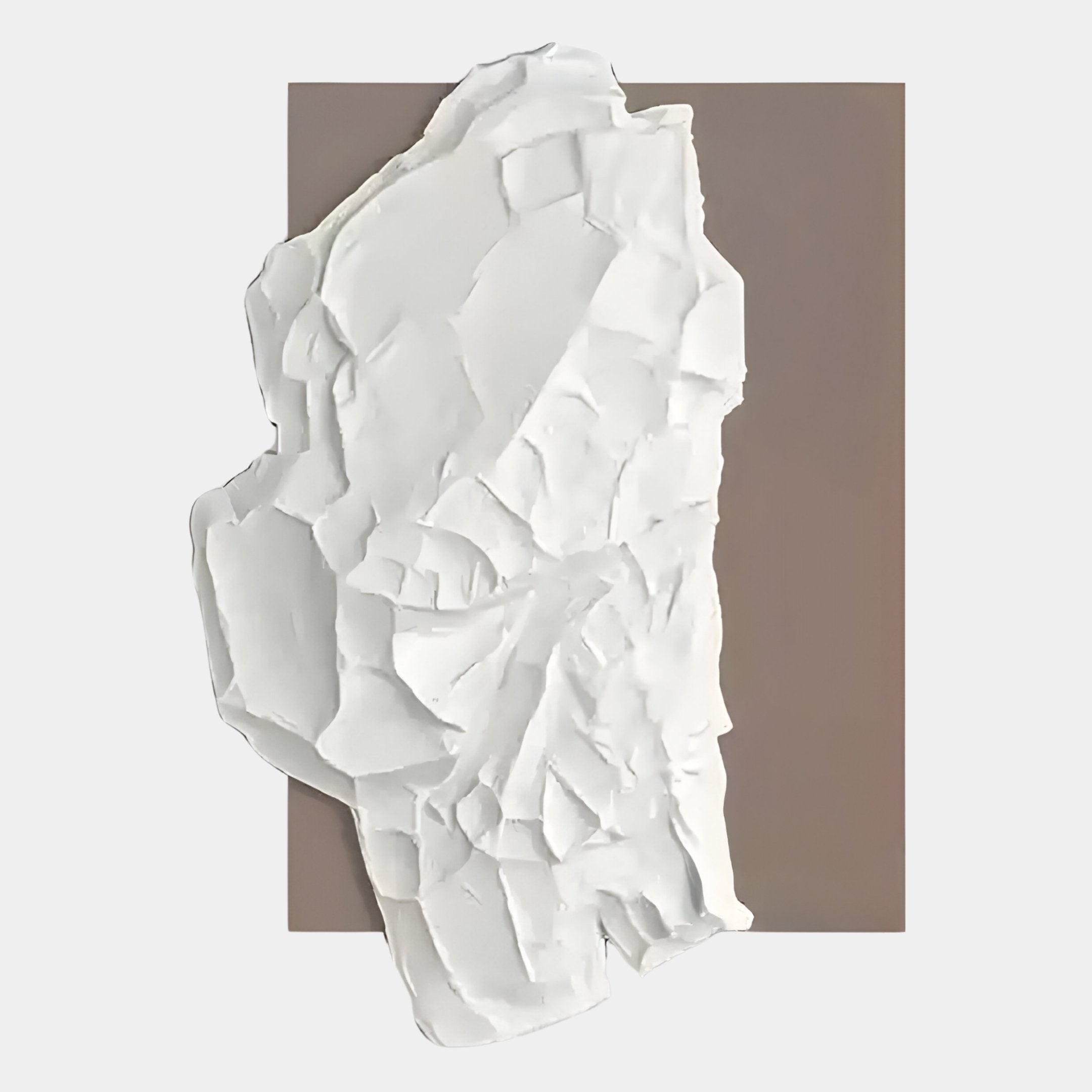 The Veritas White & Taupe Wood Relief 3D Wall Art by Giant Sculptures features textured, irregular white shapes over a muted brown backdrop on a light gray canvas, adding contemporary style to your space.