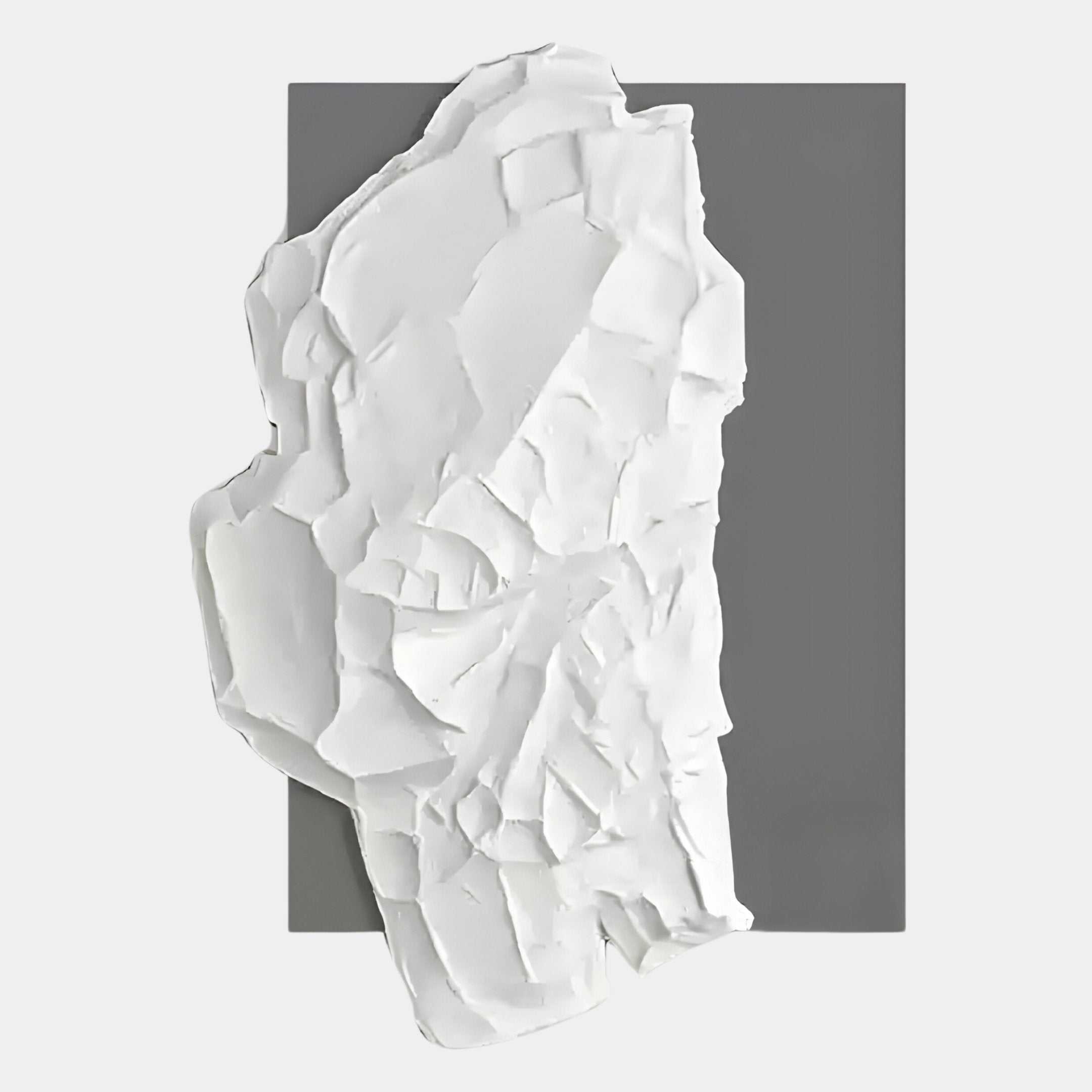 The Veritas White & Silver Abstract Wood Relief 3D Wall Art by Giant Sculptures features textured, layered white forms on a dark gray background—ideal for fans of modern abstract design.