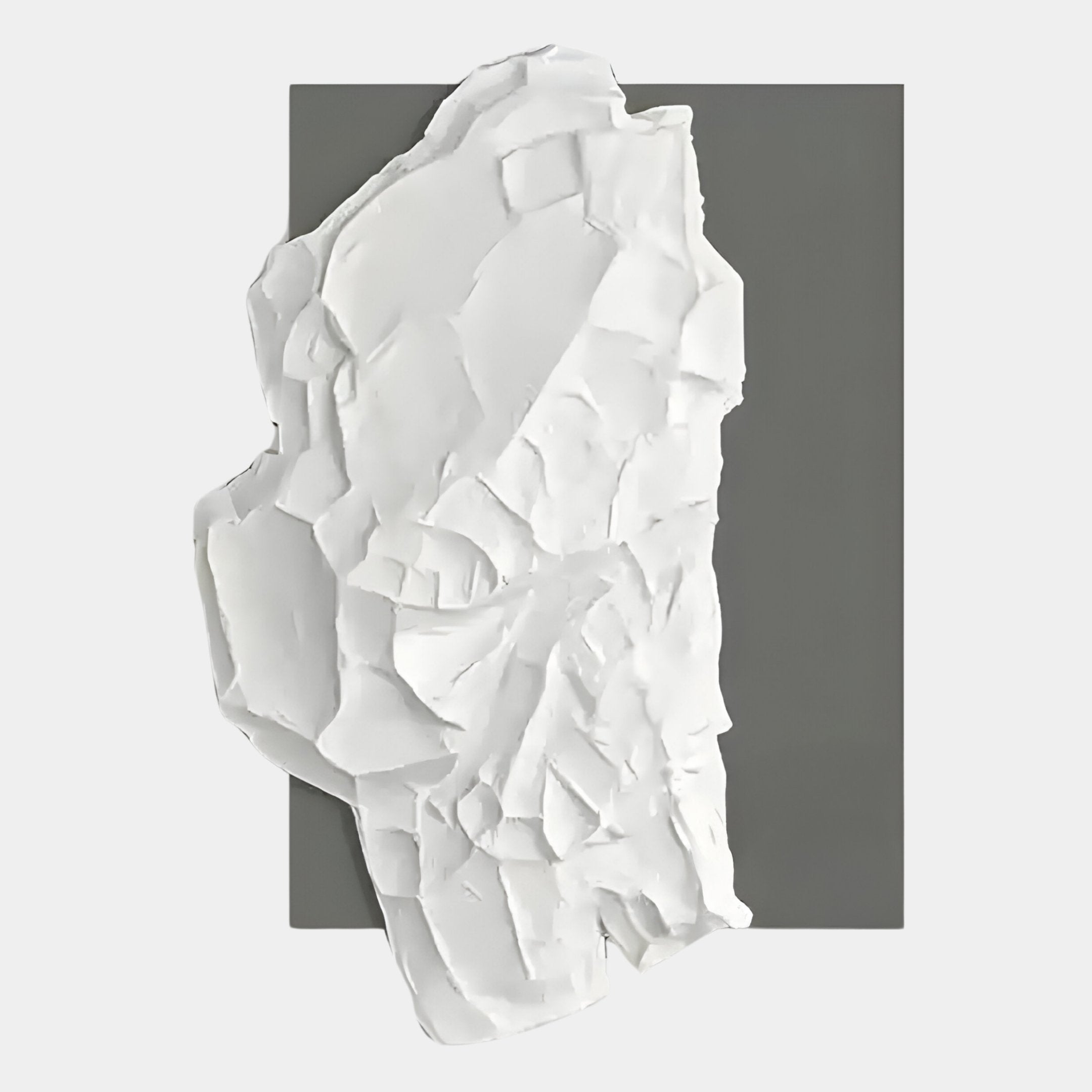 A textured white abstract shape stands out on a gray backdrop in the Veritas White & Grey Abstract Wood Relief 3D Wall Art by Giant Sculptures, offering layered depth and bold contrast for modern spaces.