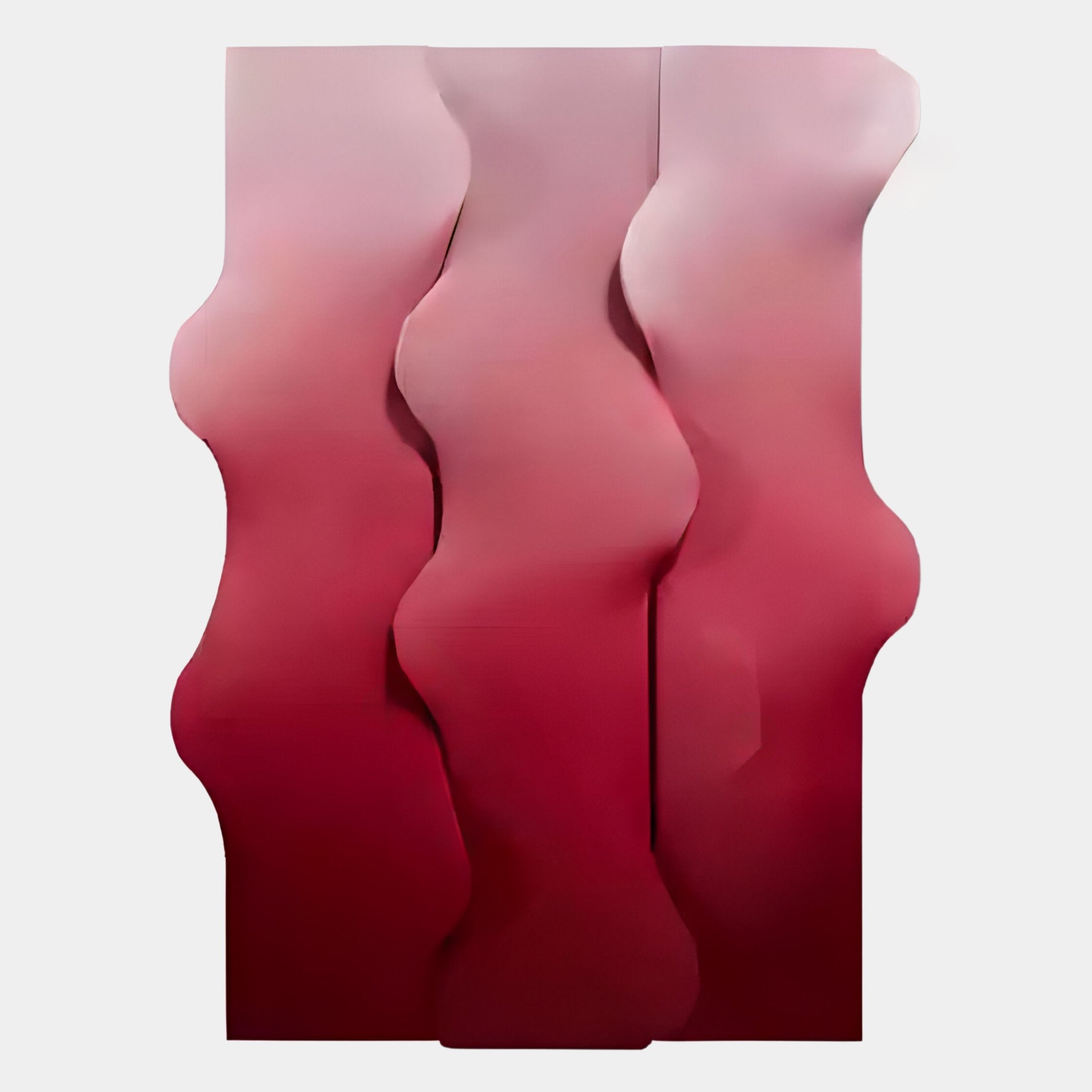 The Mystique Red Fabric Abstract Wood Relief 3D Wall Art by Giant Sculptures features three vertical, wavy panels in red and pink gradients with smooth curves on a light gray background.