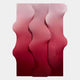 The Mystique Red Fabric Abstract Wood Relief 3D Wall Art by Giant Sculptures features three vertical, wavy panels in red and pink gradients with smooth curves on a light gray background.