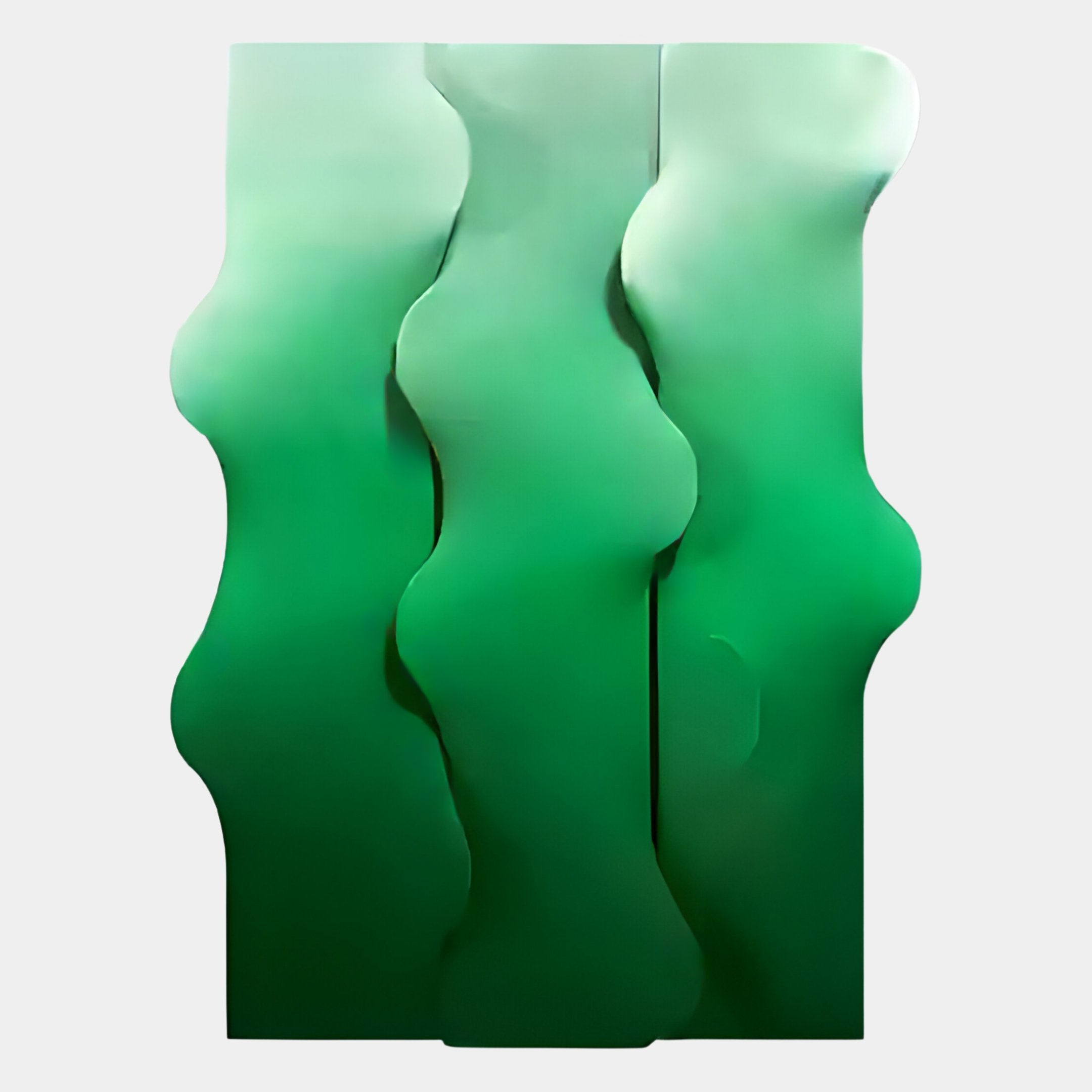 The Mystique Green Fabric Abstract Wood Relief 3D Wall Art by Giant Sculptures features three tall, wavy green ombre panels in abstract organic forms set against a light gray background.