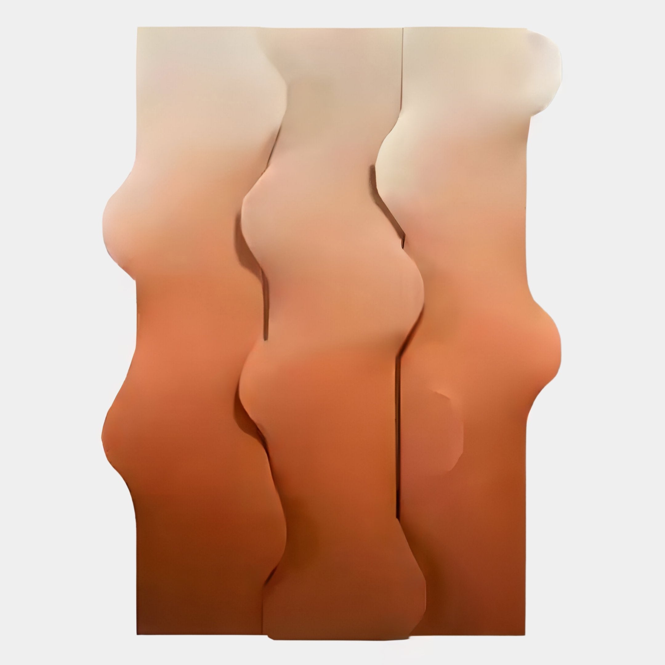The Mystique Orange Fabric Abstract Wood Relief 3D Wall Art by Giant Sculptures features three vertical wood panels with wavy edges and warm gradient tones, from light cream to earthy orange, set against a plain backdrop.