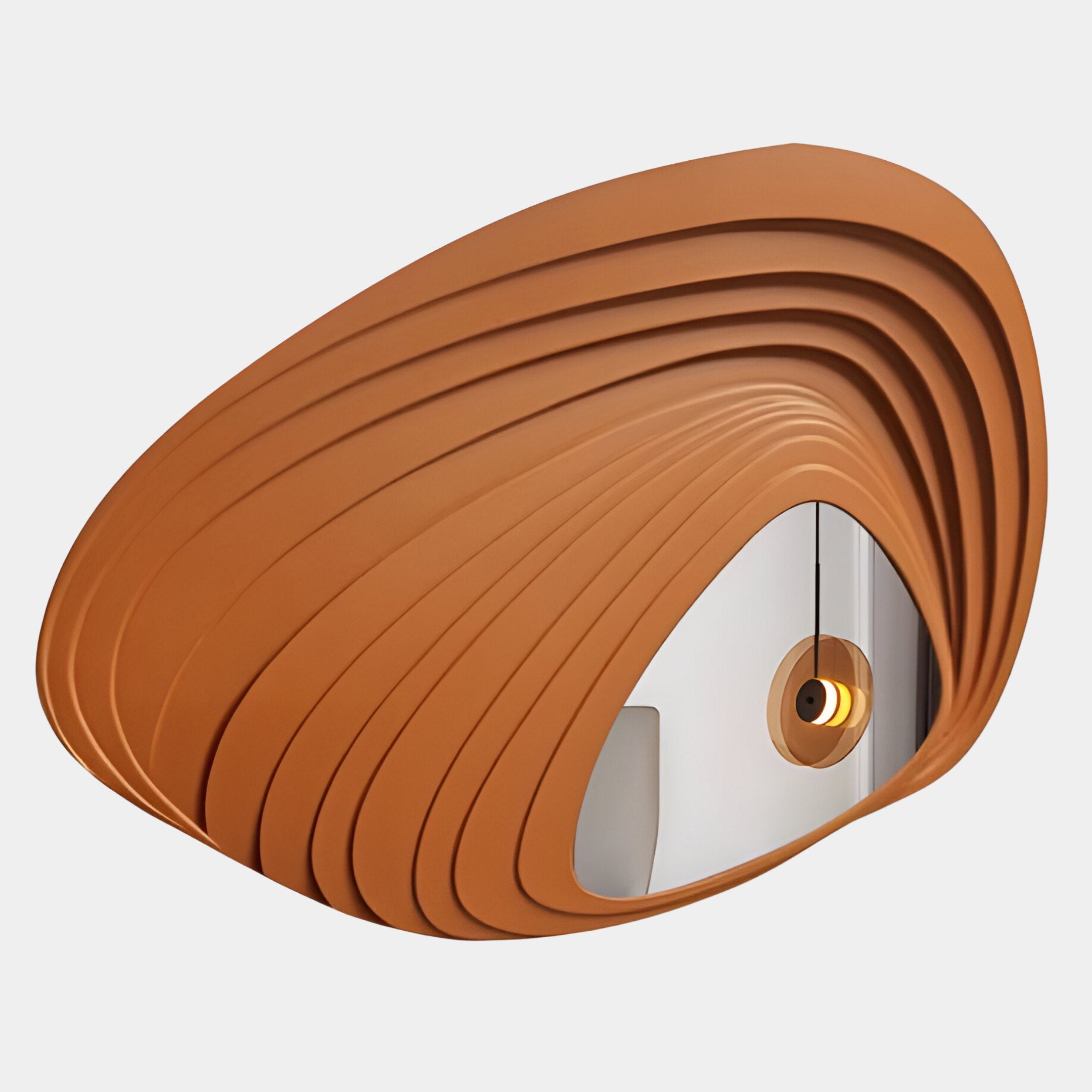 The Reflecta Orange Wood Carving Mirror 3D Wall Art by Giant Sculptures features layered, curved orange wood frames in an abstract shell design, a reflective center, and a round light on the right—a striking sculptural accent.