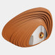 The Reflecta Orange Wood Carving Mirror 3D Wall Art by Giant Sculptures features layered, curved orange wood frames in an abstract shell design, a reflective center, and a round light on the right—a striking sculptural accent.