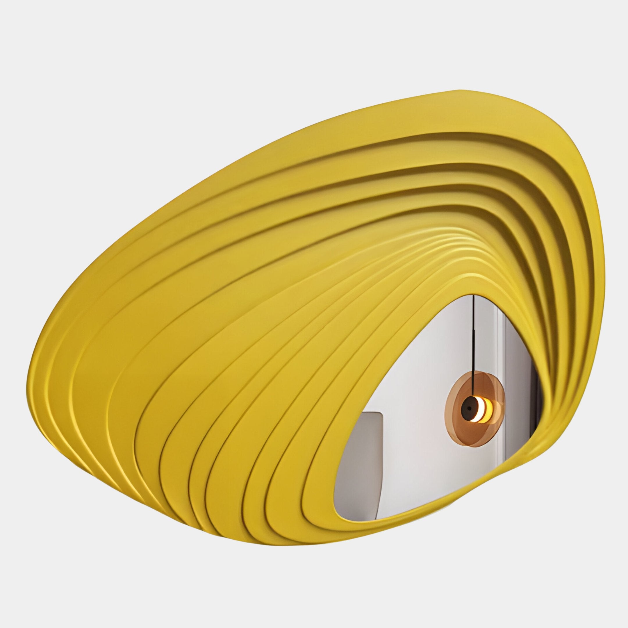 The Reflecta Yellow Wood Carving Mirror 3D Wall Art by Giant Sculptures features a modern oval design with layered, curved edges, framing a partial reflection of a circular light against a plain white background.