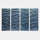 The Illume 4-Panel Blue Hand-Painted Wood Relief 3D Wall Art by Giant Sculptures features four vertical panels with textured, water-like surfaces and reflective highlights, creating a striking effect against a plain white background.