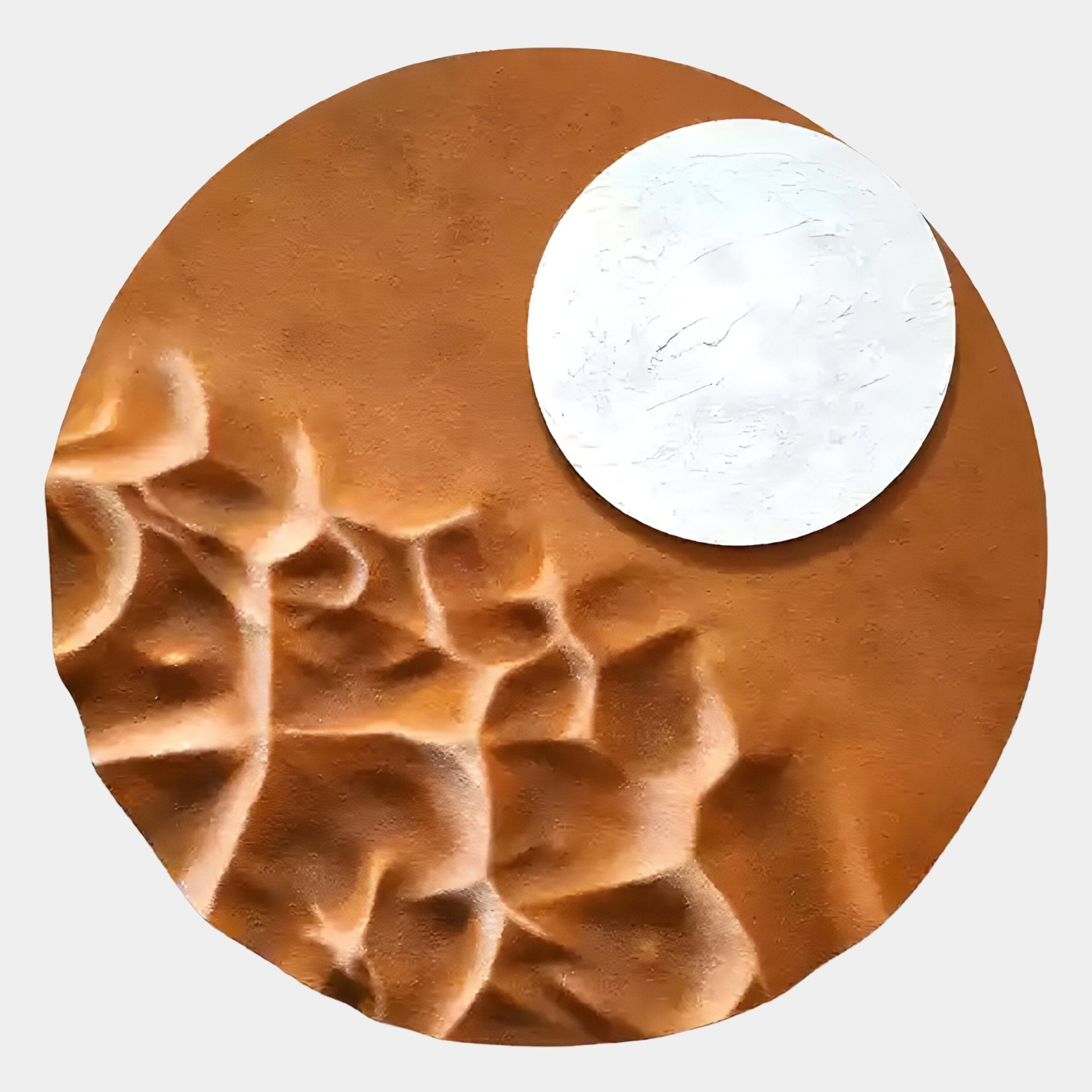 The Verve Earthy Brown Wood Relief 3D Wall Art by Giant Sculptures features textured brown wood ridges on the left and a smooth raised white circle on the upper right, set against a light gray background for a modern look.