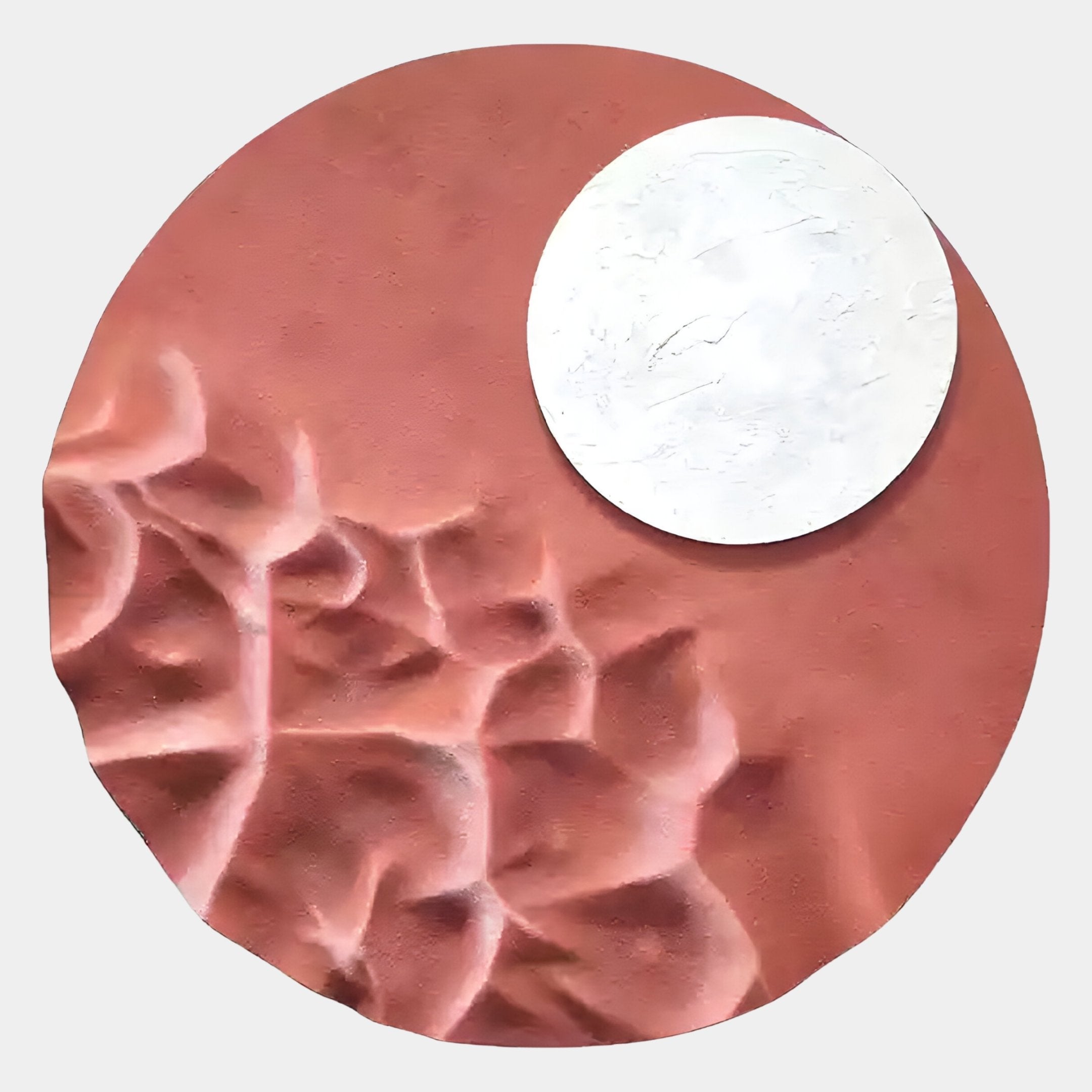The Verve Dusty Rose Wood Relief 3D Wall Art by Giant Sculptures is a circular sculpture featuring a reddish-brown textured surface with raised left ridges and a smooth white moon-like circle in the top right, creating a striking visual effect.