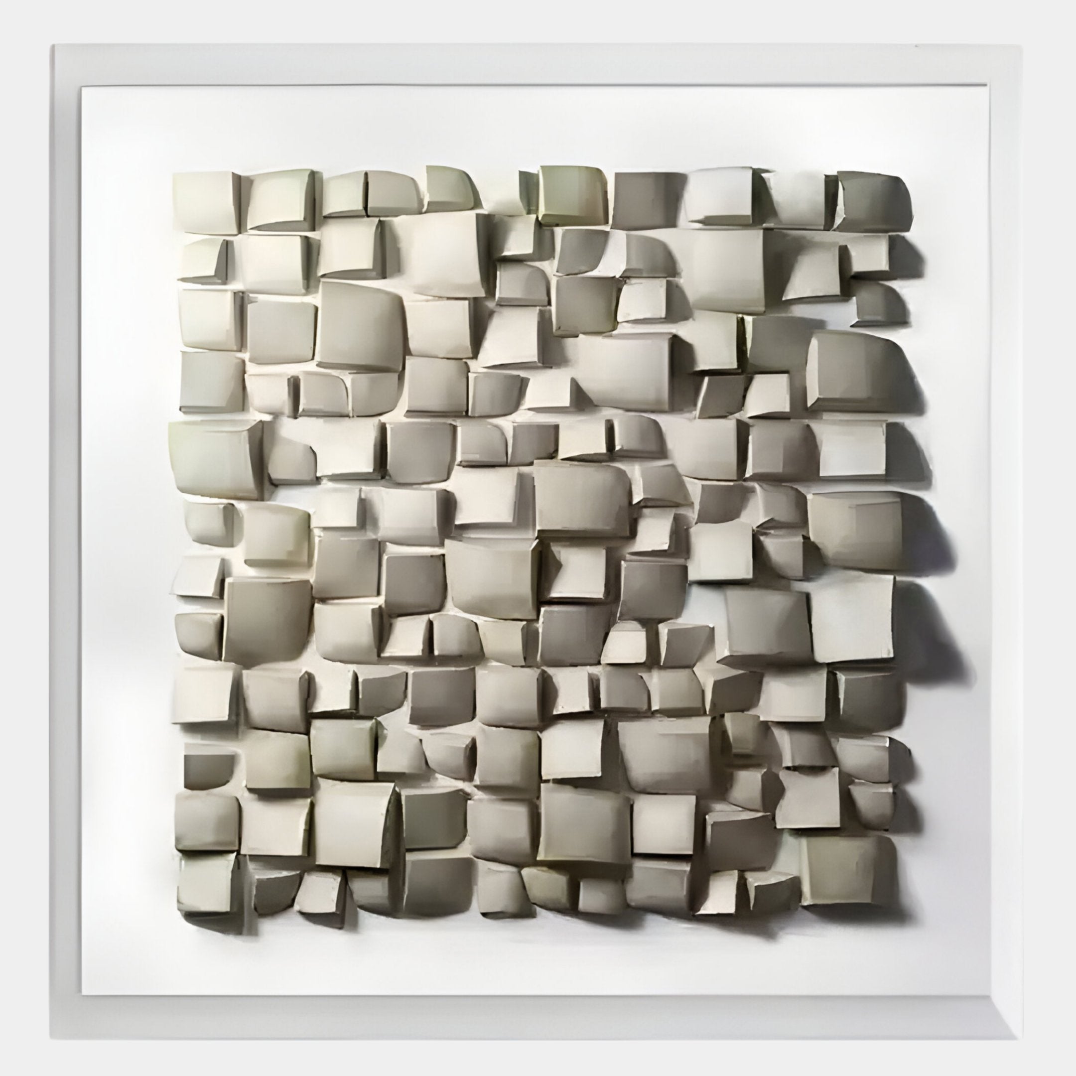 The Exalta Wood Relief 3D Wall Art in Acrylic Box by Giant Sculptures features a white frame and textured, abstract grid of irregular white blocks, casting soft shadows and reflecting a wabi-sabi aesthetic.