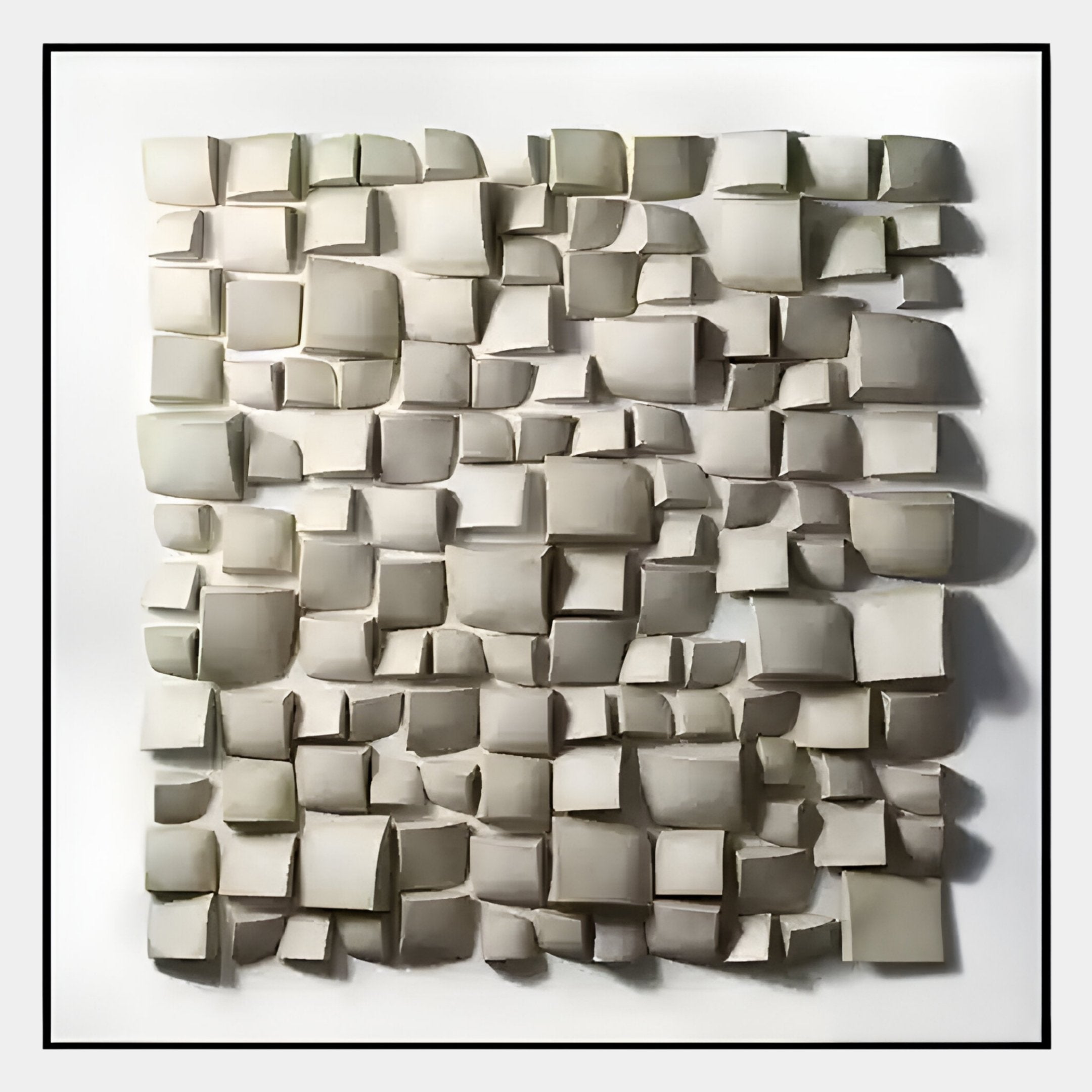 The Exalta Wood Relief Framed 3D Wall Art by Giant Sculptures features wall-mounted, square-arranged wood tiles with dynamic folds, adding depth and shadow effects that evoke traditional craftsmanship.