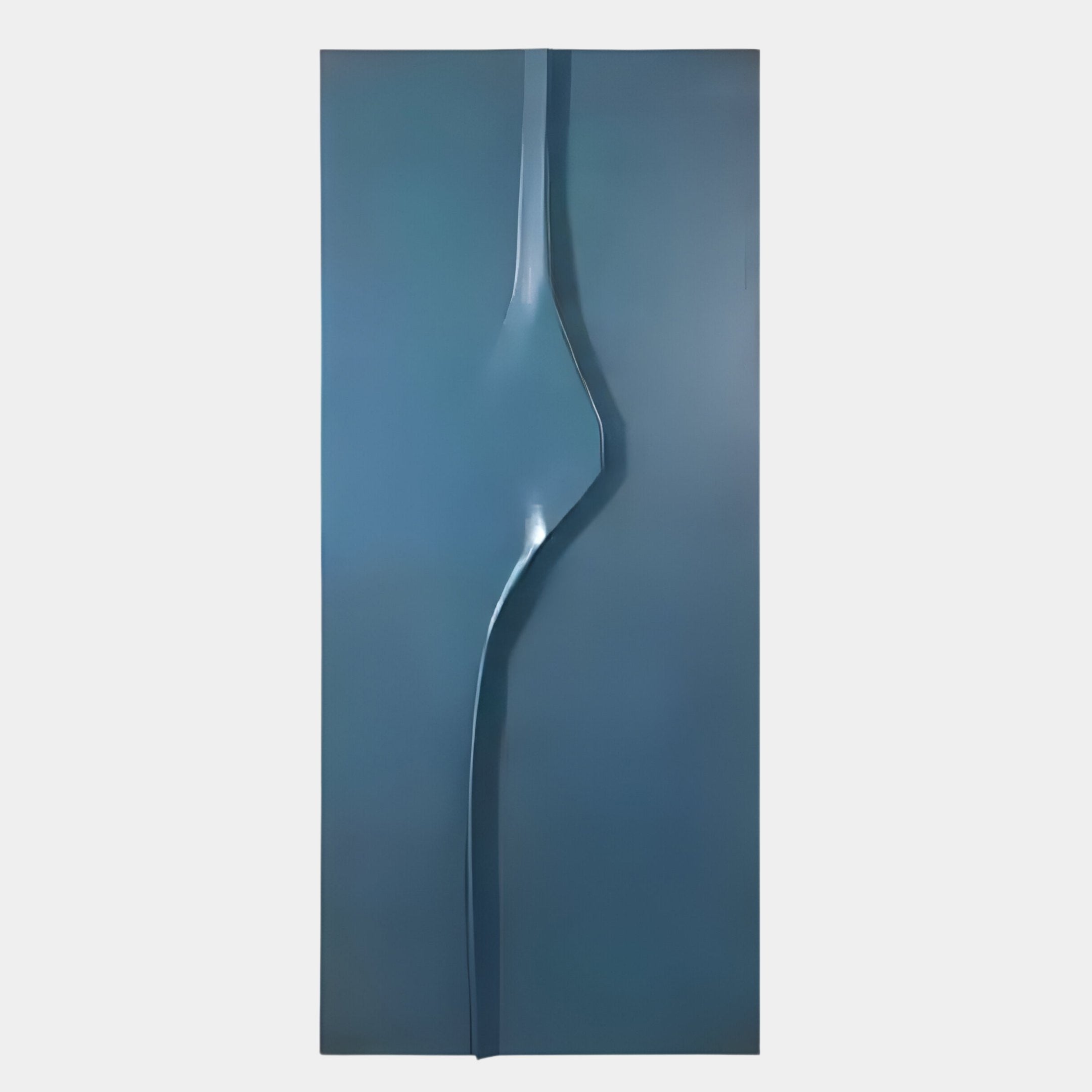 The Velar Vertical Blue Wood Carving 3D Wall Art by Giant Sculptures features a tall, rectangular blue panel with an off-center raised ridge, creating an abstract and minimalist handcrafted design.