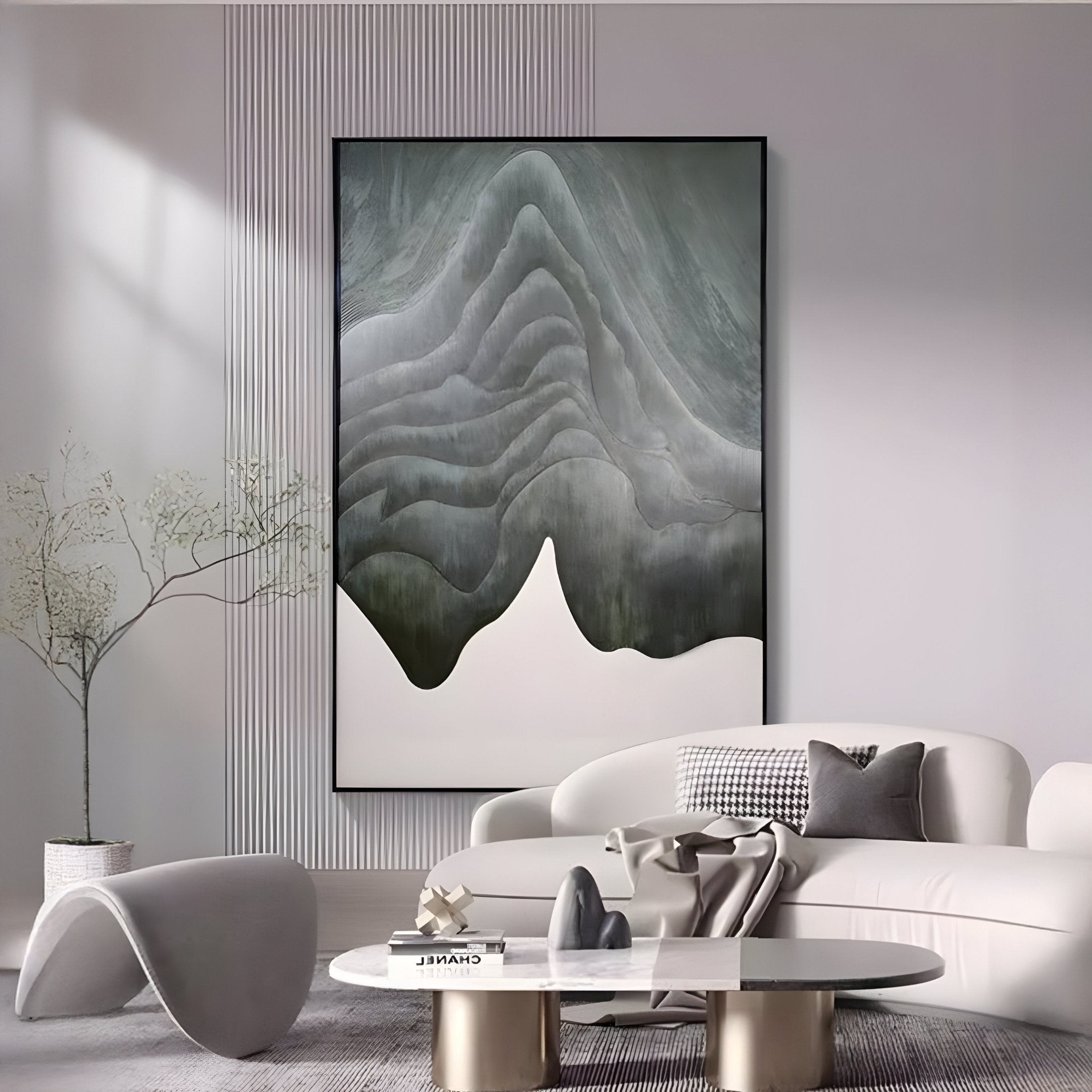 Minimalist living room with modern gray and white furniture, a round coffee table, curved chair, and Giant Sculptures’ Celoria Jade Mist Wood Carving 3D Wall Art in green and gray. A tall plant in a glass vase completes the Wabi-Sabi Interiors vibe.