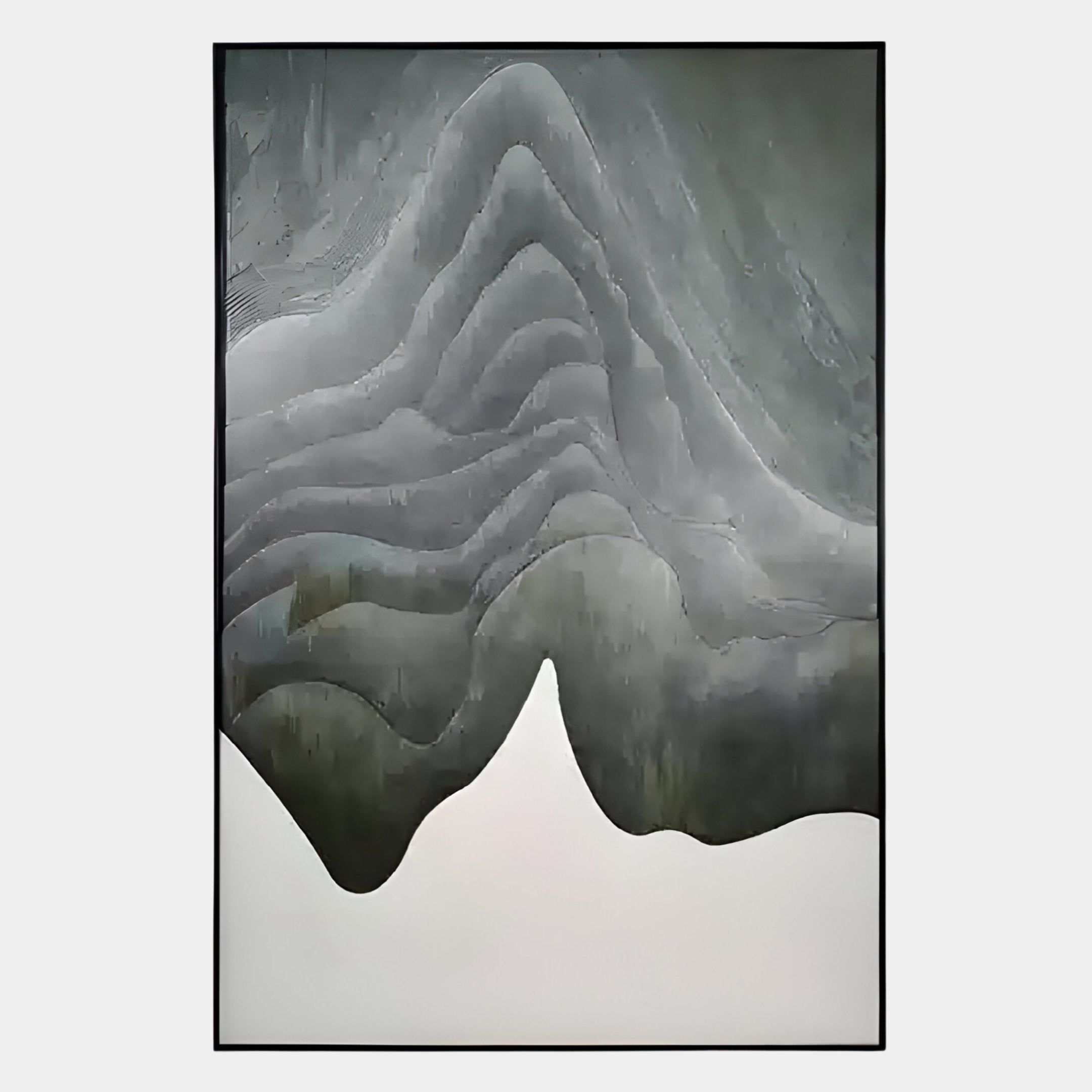 Abstract digital artwork featuring layered, wavy gray and black forms inspired by the Celoria Jade Mist Wood Carving 3D Wall Art from Giant Sculptures, with a sharp white peak—ideal for Wabi-Sabi interiors.