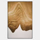 The Celoria Golden Dune Wood Carving 3D Wall Art by Giant Sculptures features framed abstract, wavy brown and beige shapes reminiscent of topographic lines or wood carving, with a white area at the bottom.