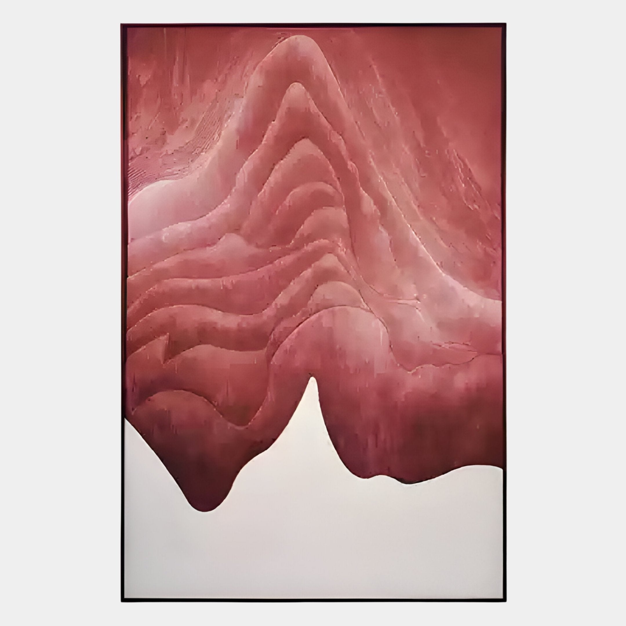 The Celoria Rose Ember Wood Carving 3D Wall Art by Giant Sculptures features smooth, wavy red and pink layers forming a mountain-like design on white—an eye-catching abstract piece ideal for modern interiors.