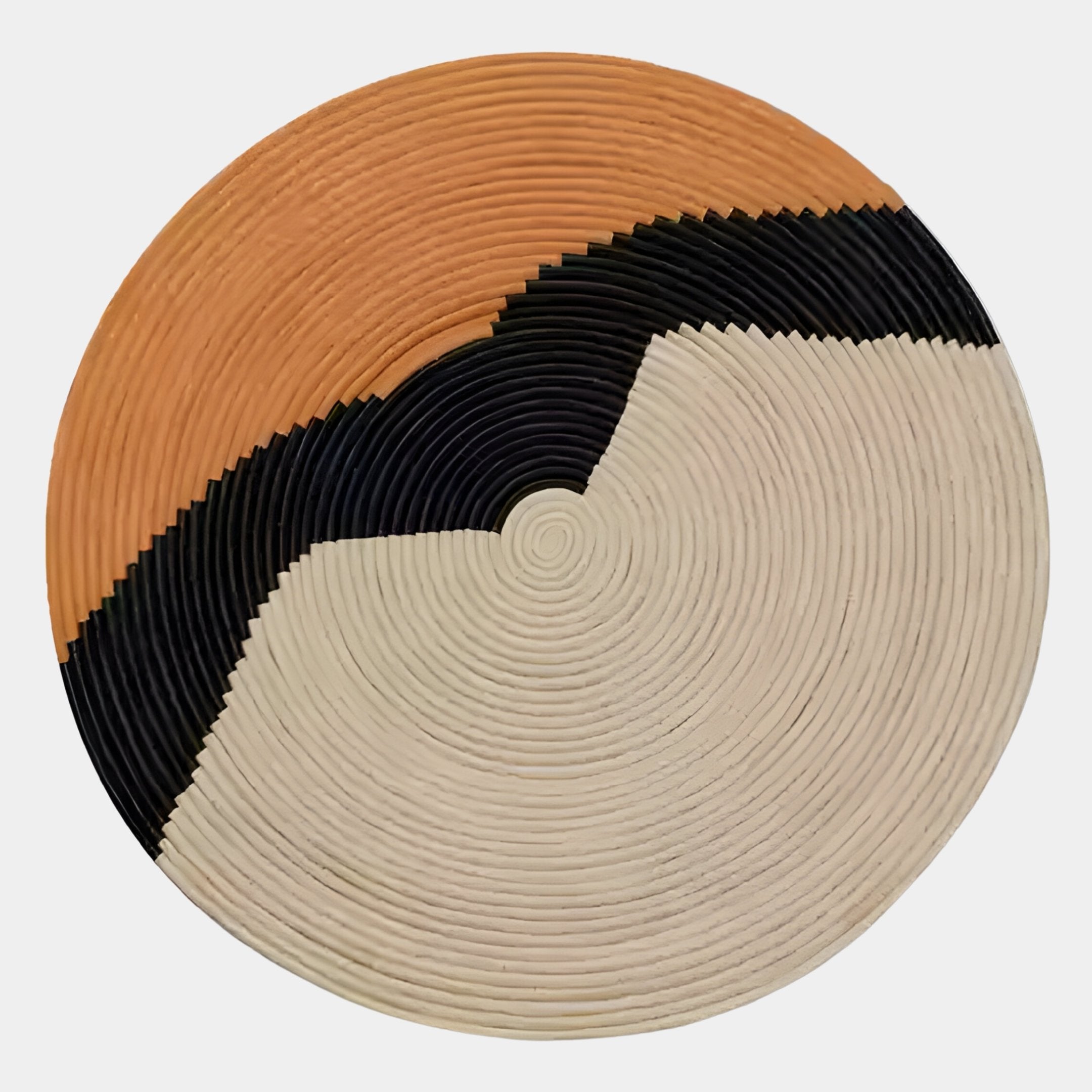 The Artura Honey & Ivory Round Hand-Painted 3D Relief Wall Art by Giant Sculptures features tan, black, and cream concentric designs with a diagonal black zigzag, perfect for adding modern minimalist style to your space.