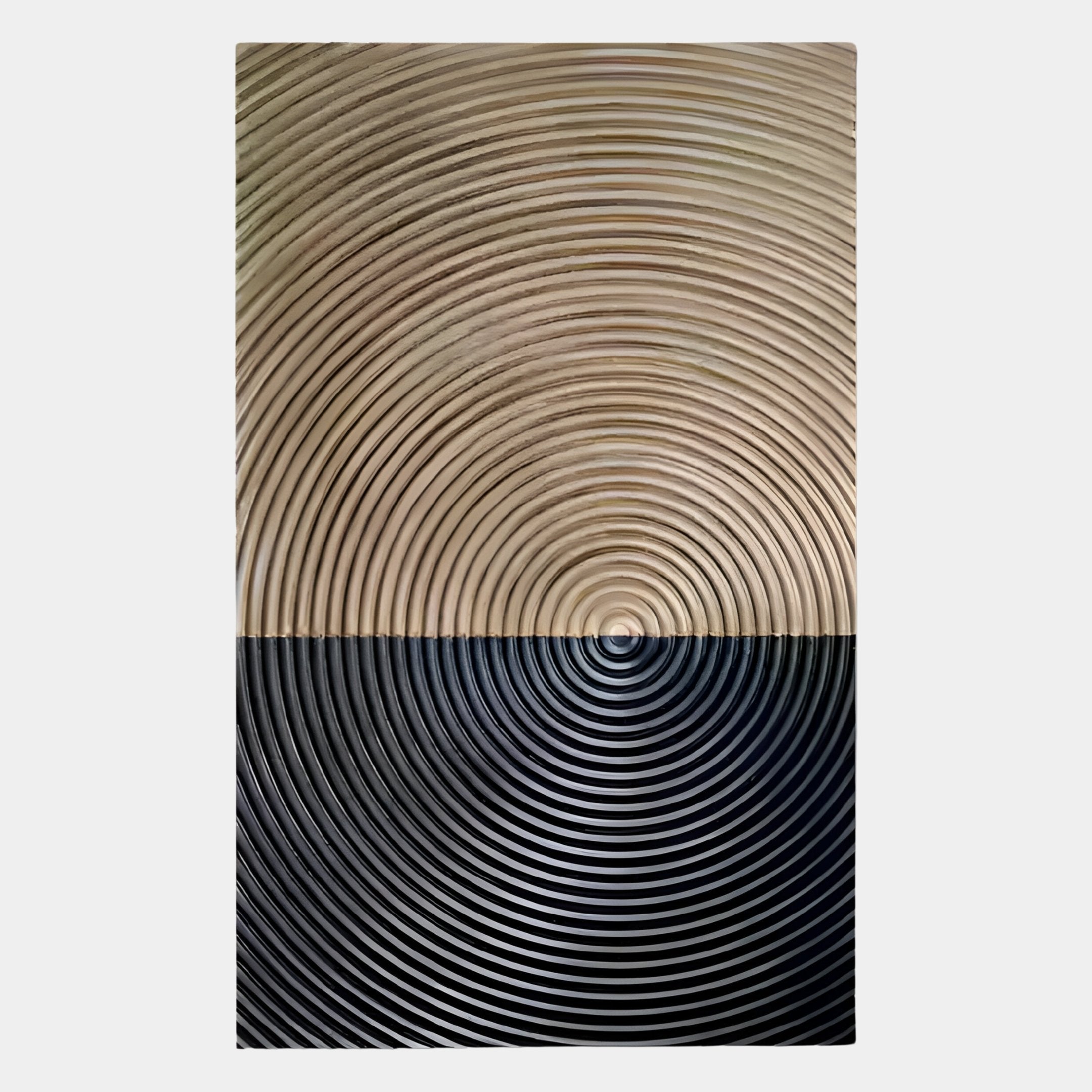 The Artura Beige & Black Hand-Painted 3D Relief Wall Art by Giant Sculptures features concentric circular ridges, a light beige top half, and a black bottom half with circles centered at the midpoint for a bold minimalist effect.