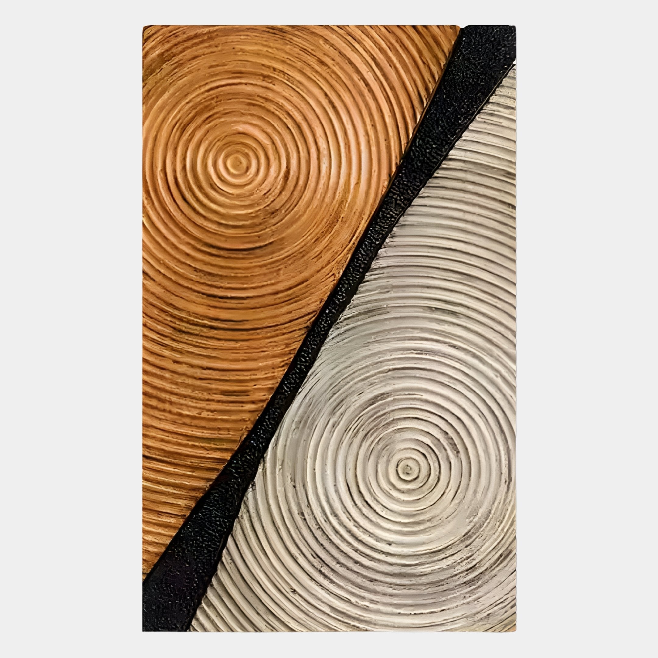 The Artura Honey & Ivory Hand-Painted 3D Relief Wall Art by Giant Sculptures features two sections of concentric ridges in brown and gray, divided diagonally by a textured black stripe for a hand-carved, sculptural look.
