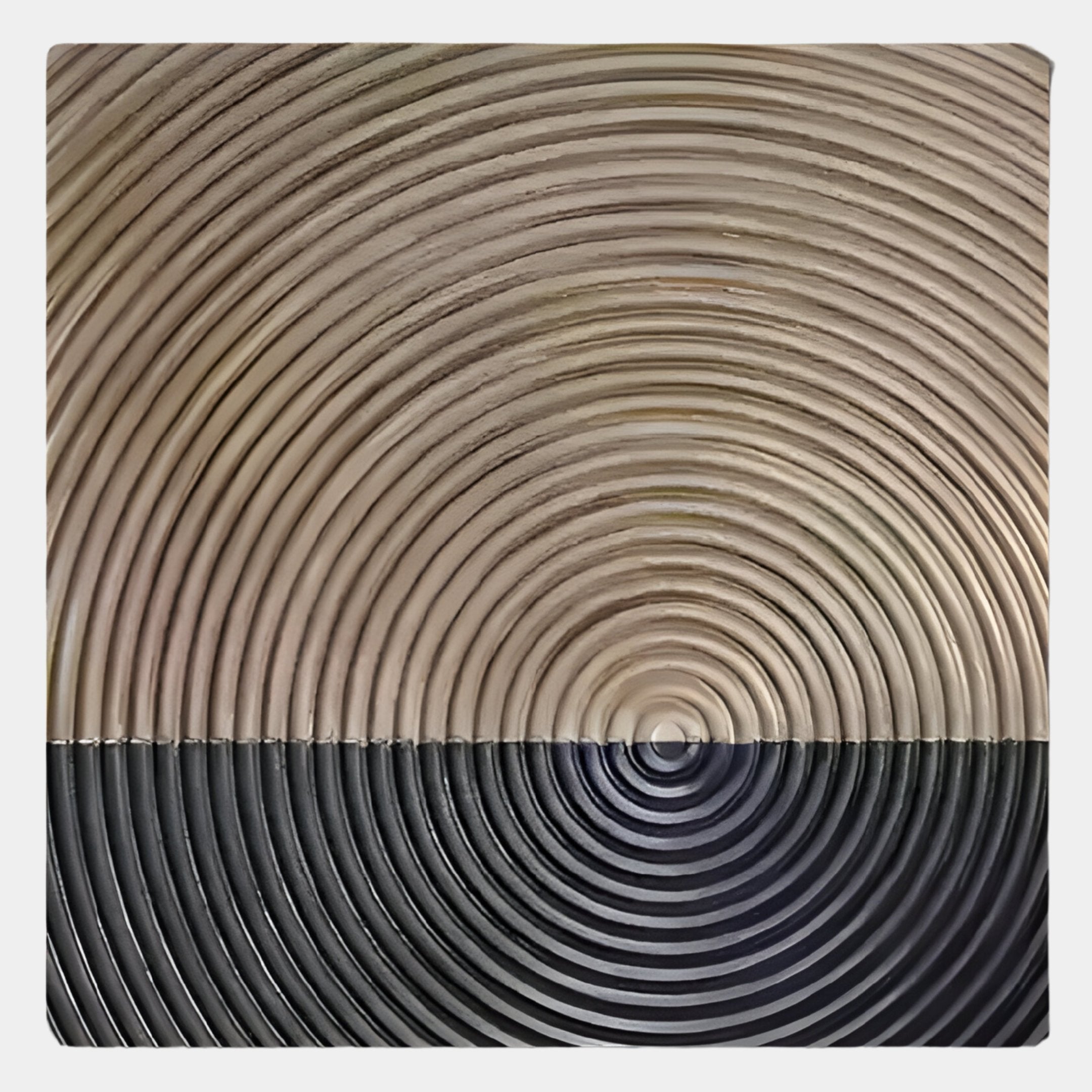The Artura Beige & Black Square Hand-Painted 3D Relief Wall Art by Giant Sculptures features concentric circular ridges, with a light beige upper half and black lower half, creating a bold contrast and sculptural elegance for any room.