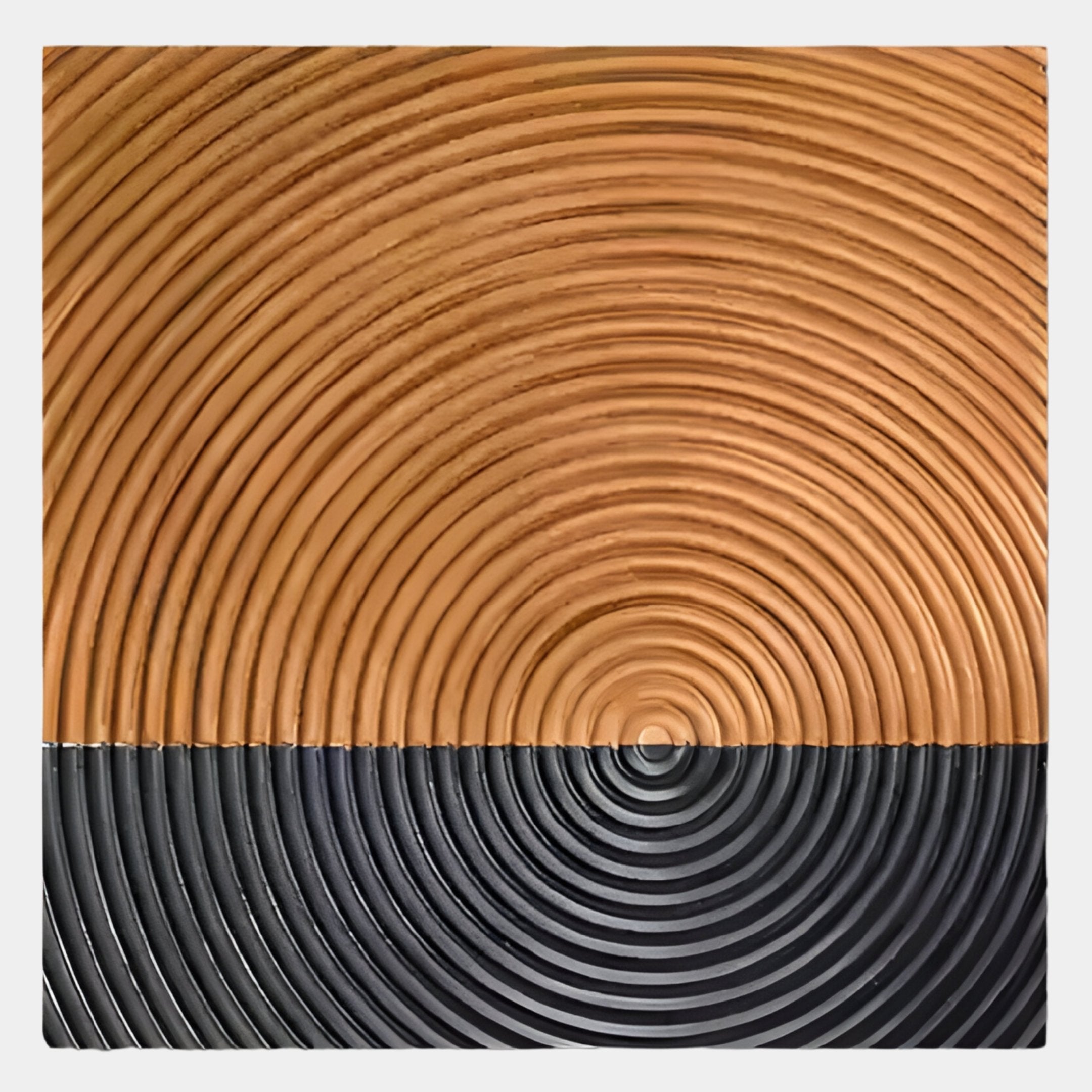 The Artura Honey & Black Square Hand-Painted 3D Relief Wall Art by Giant Sculptures features sculptural concentric ridges, a striking tan and black color split, and a continuous textured pattern for bold contrast.