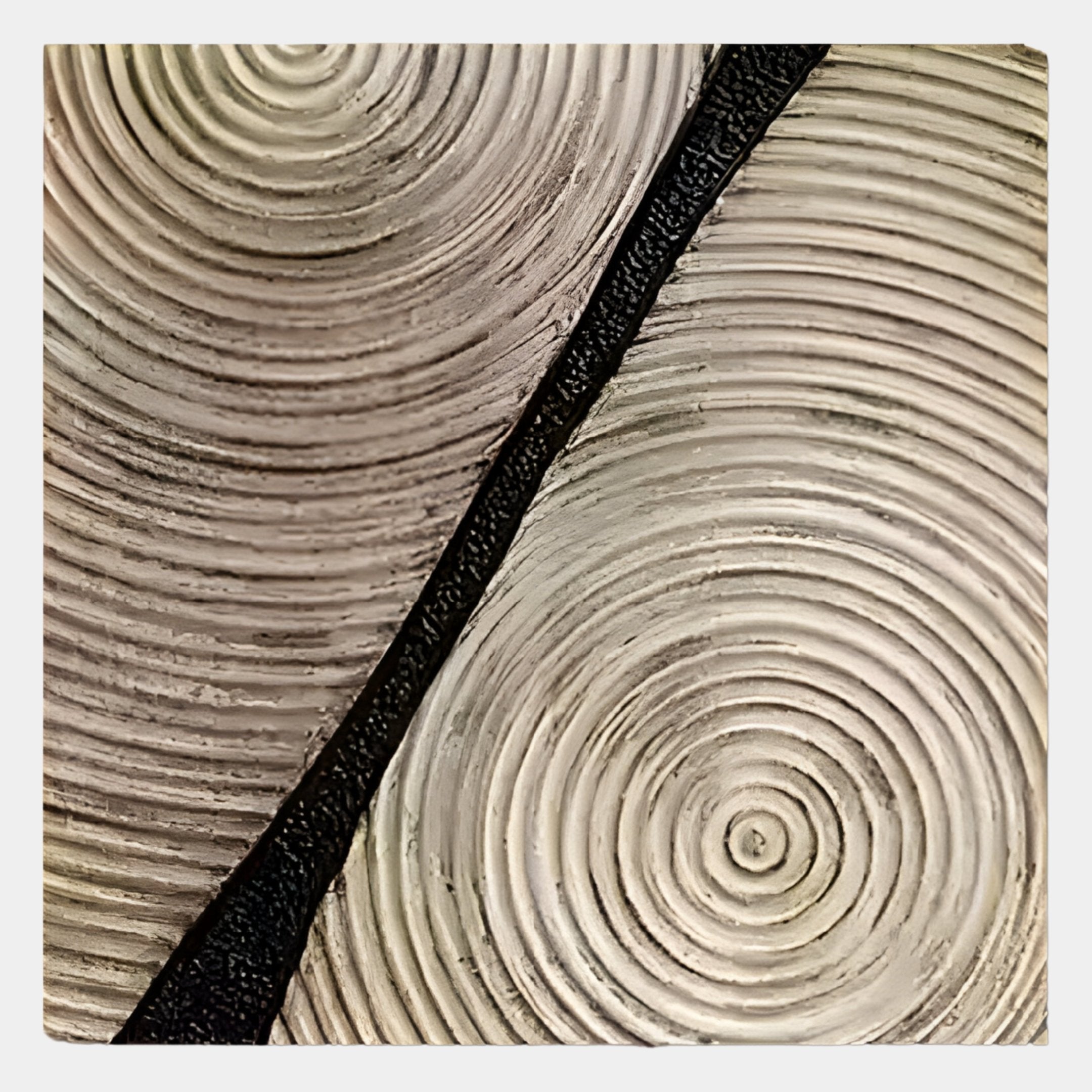 Close-up of the Artura Ivory Square Hand-Painted 3D Relief Wall Art by Giant Sculptures, featuring concentric circular patterns split by a wavy black line—ideal minimalist or abstract décor for indoor spaces.