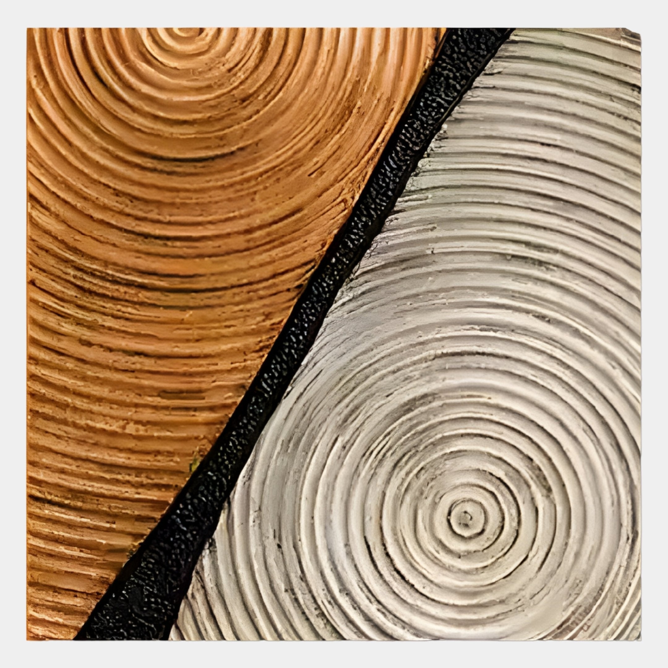 Close-up of the Artura Honey & Ivory Square Hand-Painted 3D Relief Wall Art by Giant Sculptures, featuring two textured surfaces—brown and white—divided diagonally by a black strip for a calm, sculptural effect.