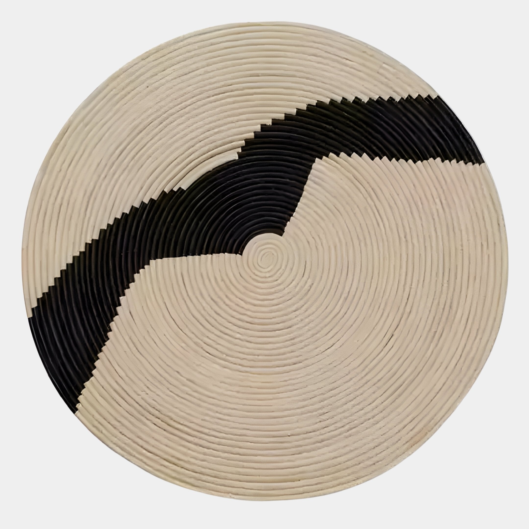 The Artura Ivory Round Hand-Painted 3D Relief Wall Art by Giant Sculptures features a spiral pattern, sculpted ripple texture, and a diagonal black stripe, creating bold contrast and dimensionality as striking round wall decor.