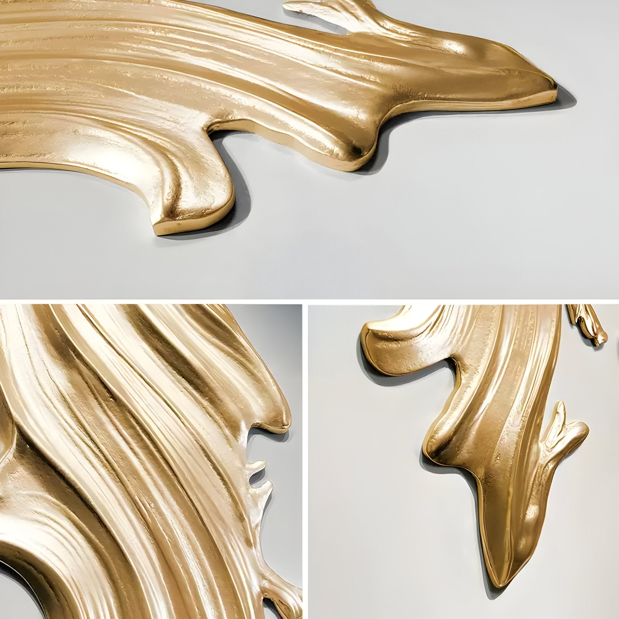 The Opulina White & Gold I Wood Relief 3D Wall Art by Giant Sculptures features smooth, flowing lines and a glossy metallic finish, highlighted in close-up against a light background—an elegant sculptural wall piece.