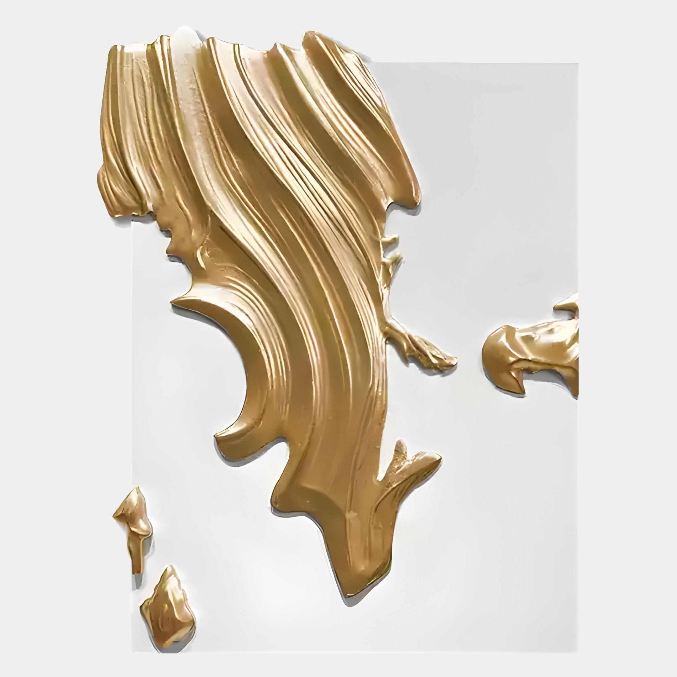 The Opulina White & Gold I Wood Relief 3D Wall Art by Giant Sculptures features abstract golden curved streaks on a white background, resembling textured brush strokes. A large central gold shape is accented by nearby smaller patches for an artistic touch.