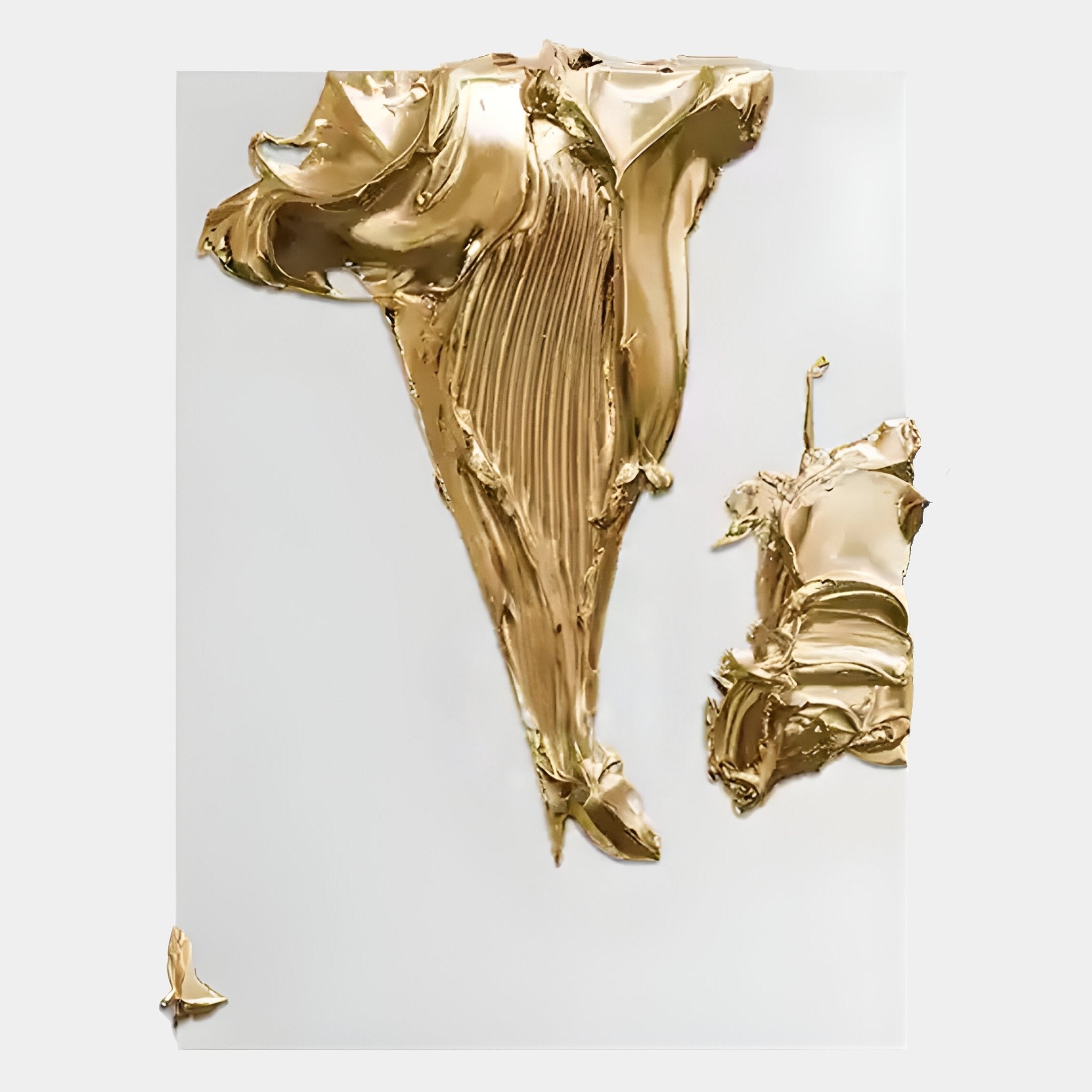 Thick gold paint strokes on a white canvas form sculptural ridges in the Opulina White & Gold II Wood Relief 3D Wall Art by Giant Sculptures, creating a textured, light-catching abstract design.