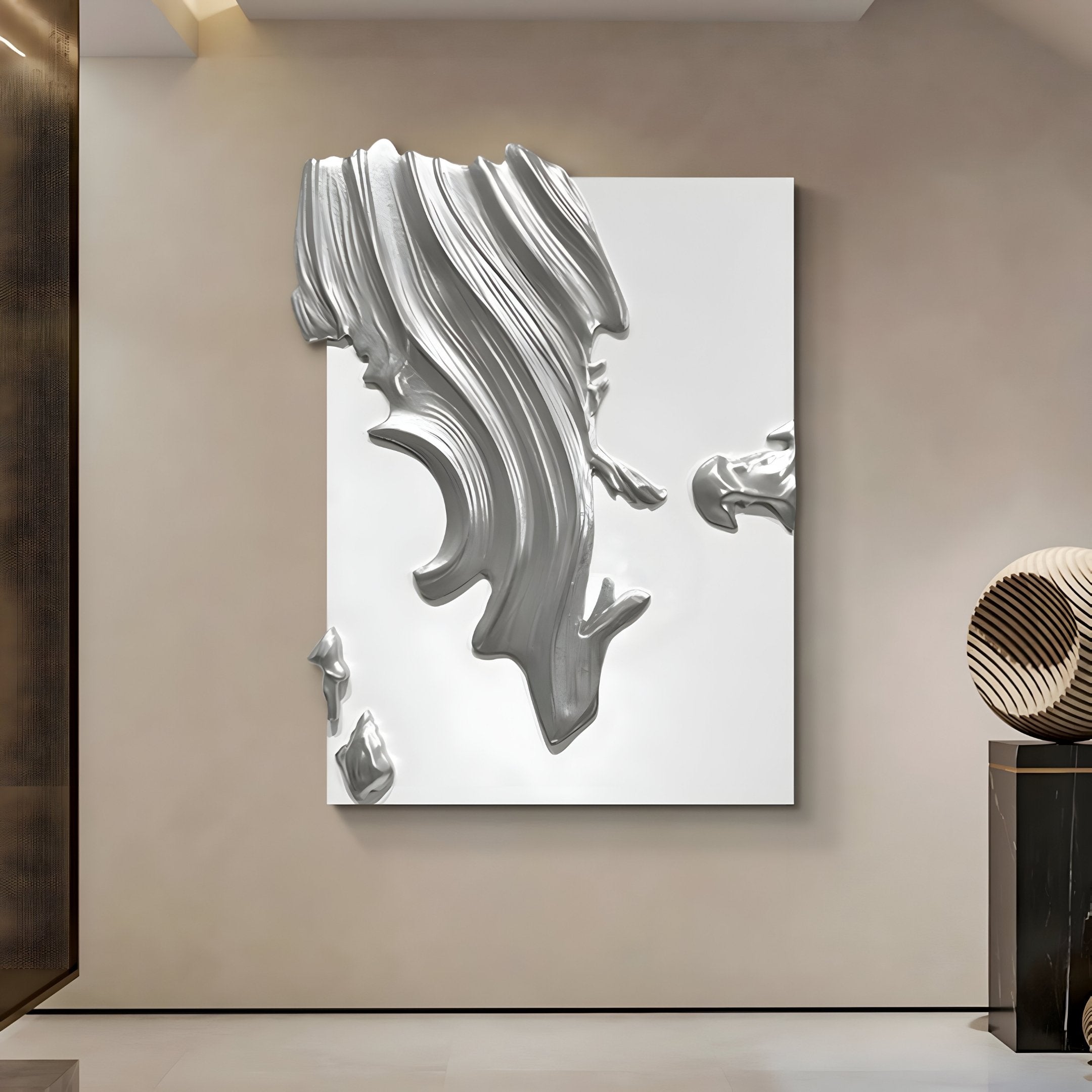 The Opulina White & Silver I Wood Relief 3D Wall Art by Giant Sculptures features thick silver strokes extending from a white canvas, creating a modern sculptural accent for any minimalist contemporary space.