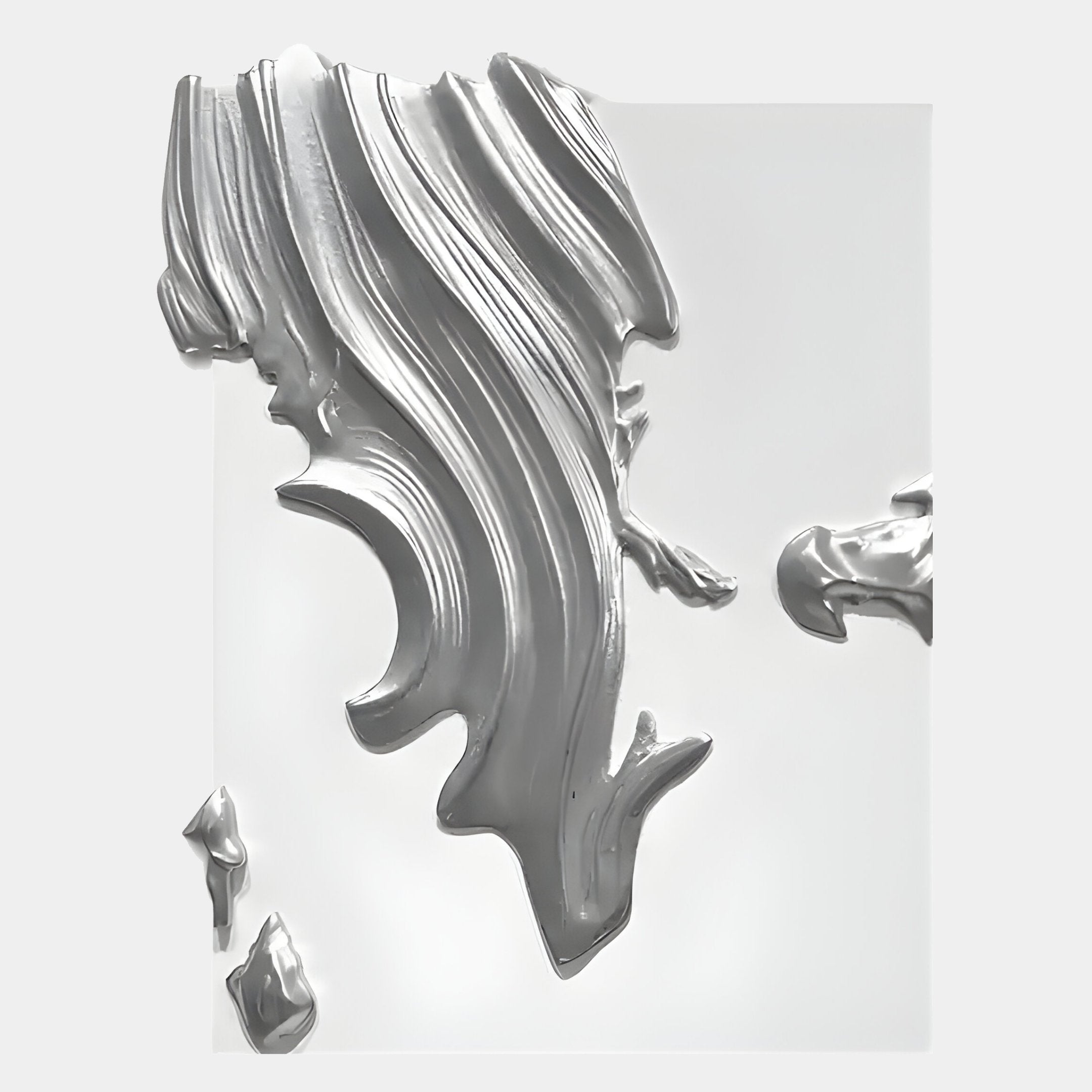 The Opulina White & Silver I Wood Relief 3D Wall Art by Giant Sculptures features shiny, abstract silver shapes with smooth, flowing ridges, resembling a liquid metal splash against a light gray background.