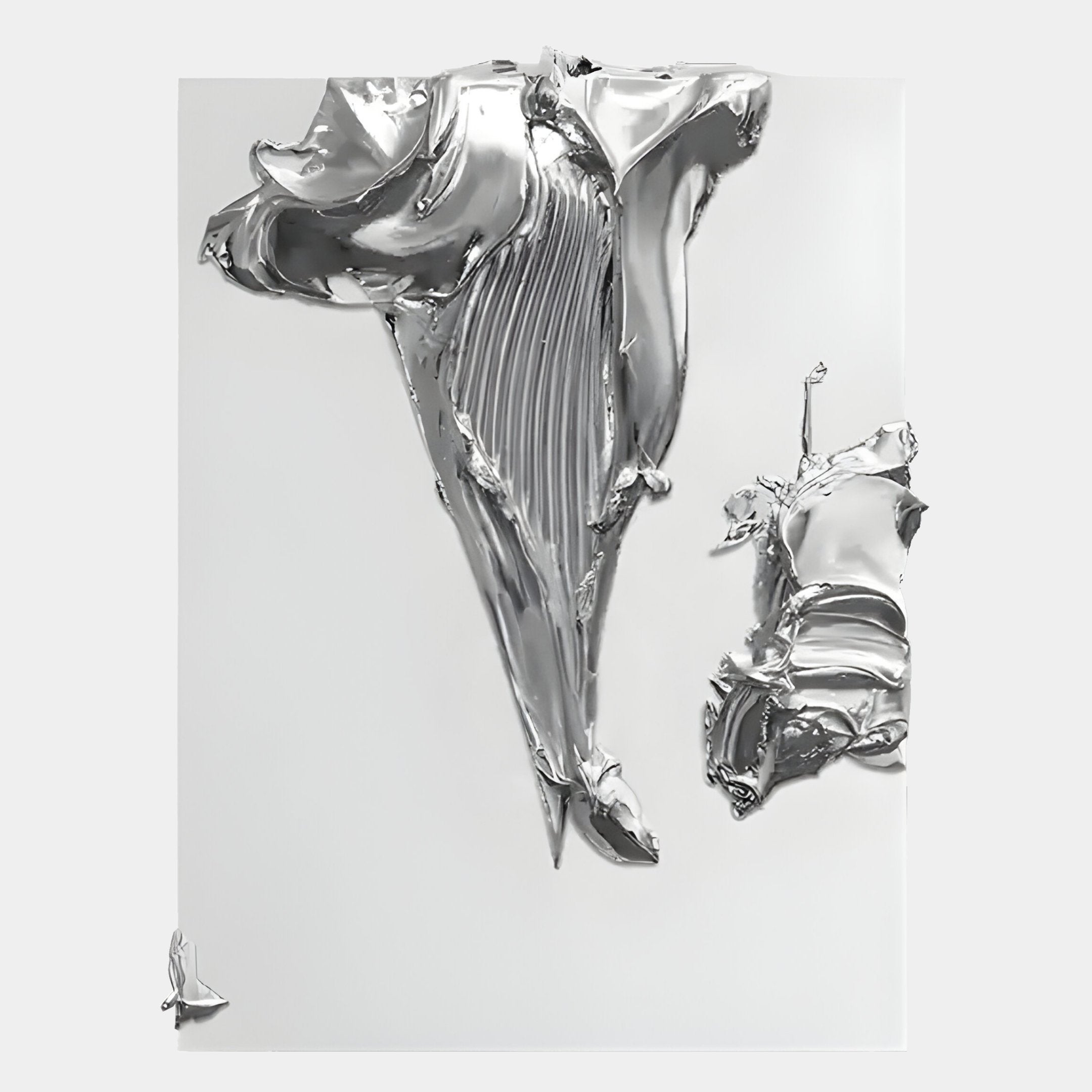 The Opulina White & Silver II Wood Relief 3D Wall Art by Giant Sculptures features abstract silver forms on a smooth light gray backdrop, creating a modern, sculptural accent for your walls.