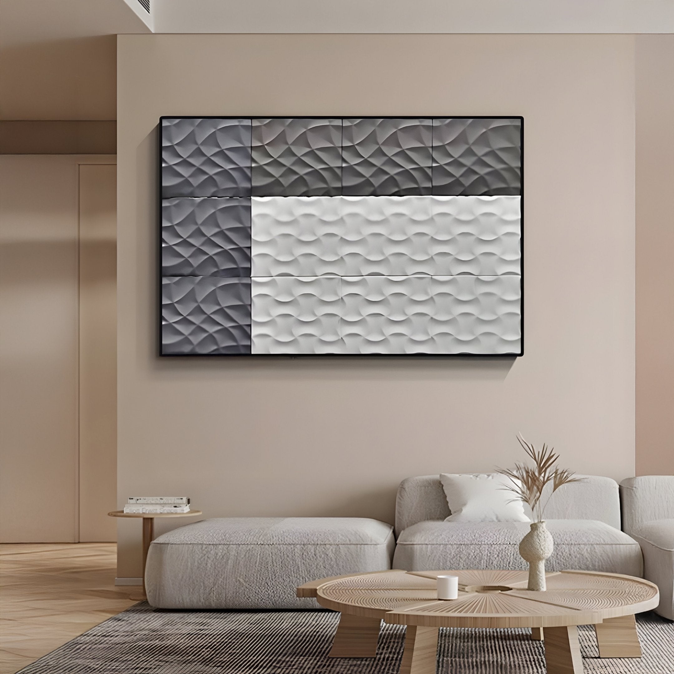 A modern living room with a light gray sofa, round wooden coffee table topped with a vase of dried plants, and Giant Sculptures’ Trelume White & Grey Wavy Wood Relief 3D Wall Art as striking abstract wall decor.
