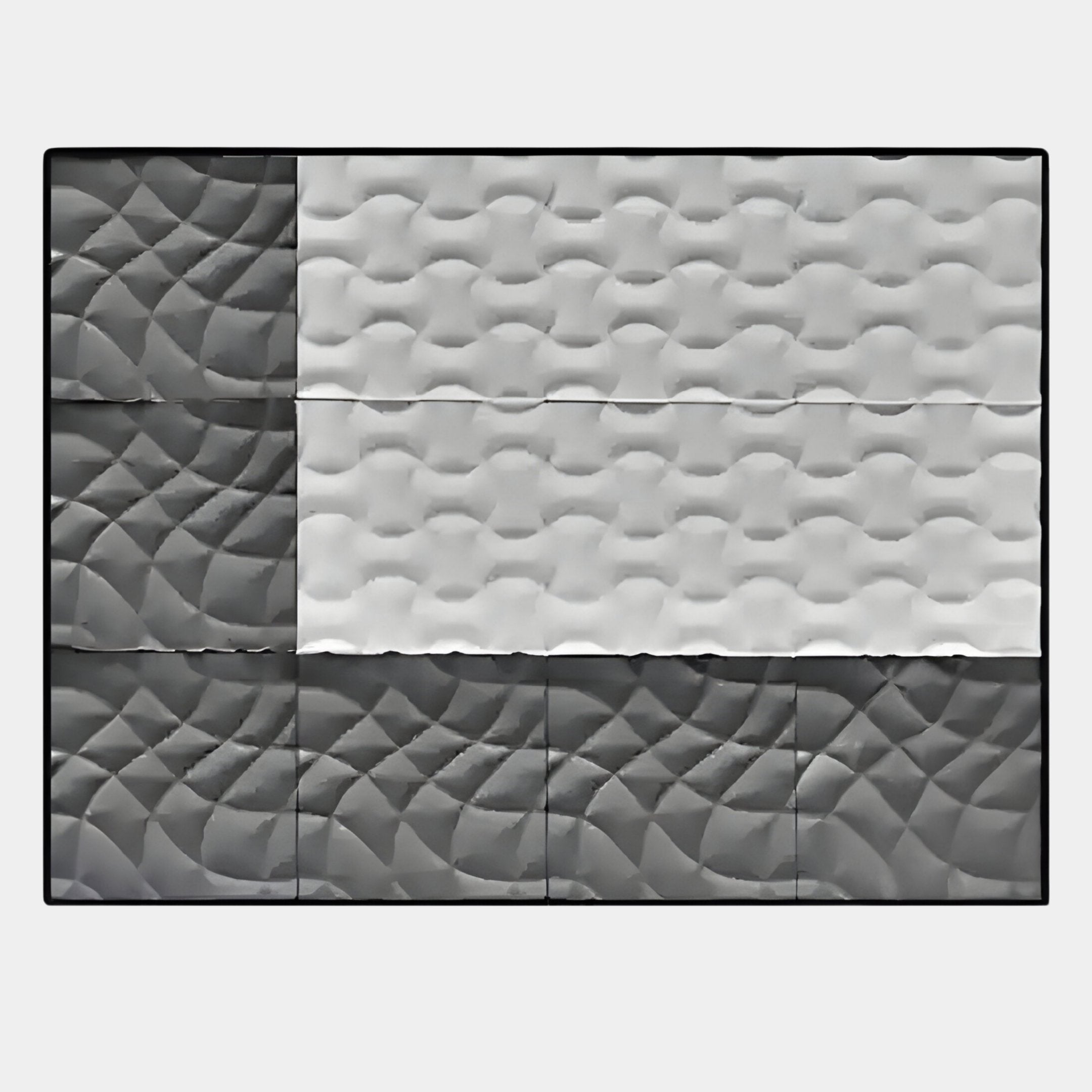 The Trelume White & Grey Wavy Wood Relief 3D Wall Art by Giant Sculptures features three horizontal sections: dark gray waves on top, a white textured center, and gray tones with layered curves at the bottom for a modern geometric look.