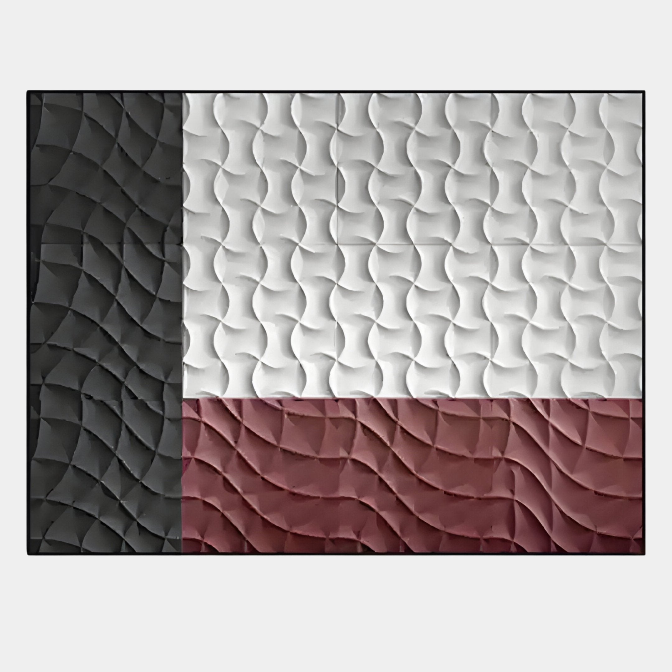 The Trelume White, Black & Rose Wavy Wood Relief 3D Wall Art by Giant Sculptures features an abstract Texas flag with a wavy motif: a vertical black stripe and horizontal white and rose sections for a striking, textured 3D effect.