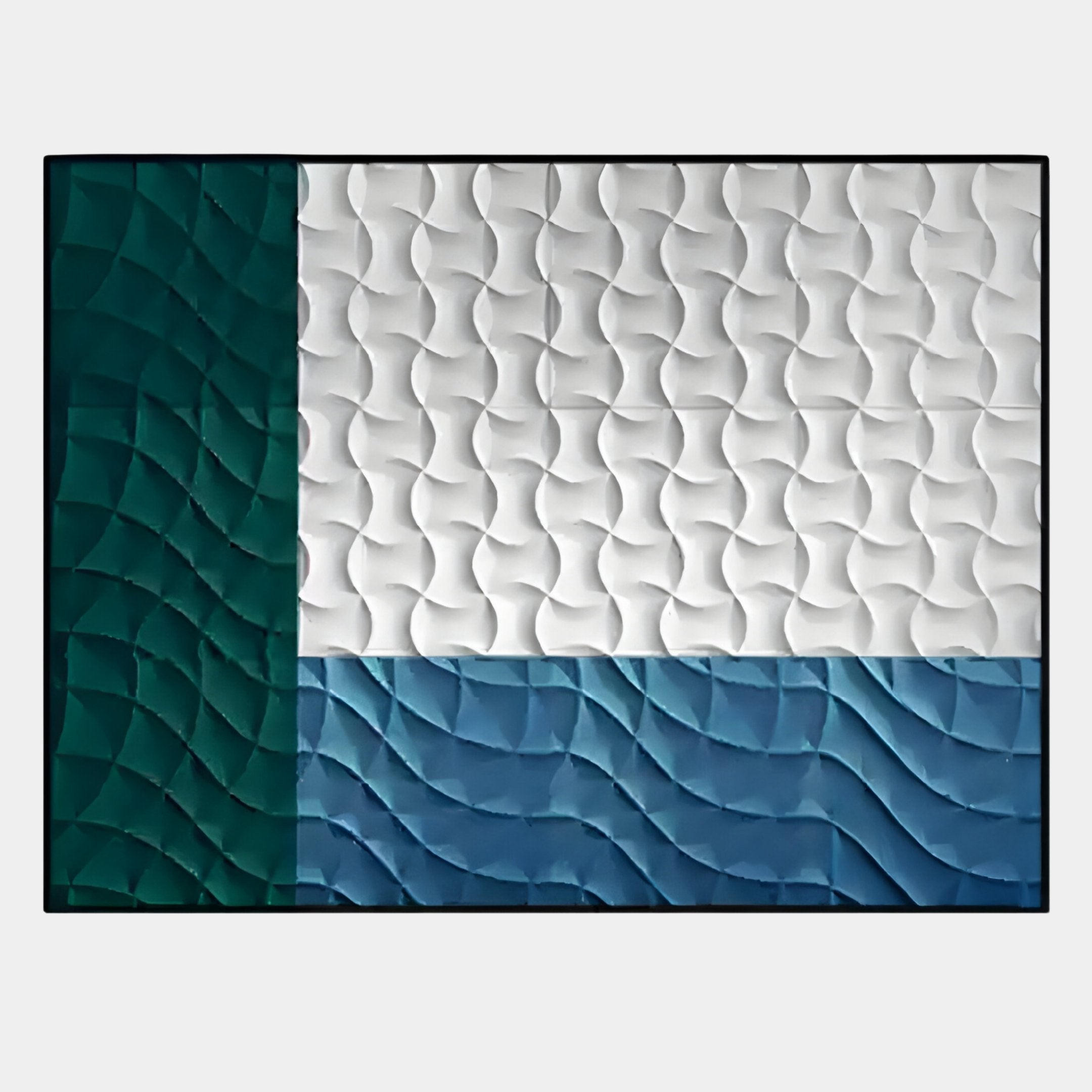 The Trelume White, Teal & Blue Wavy Wood Relief 3D Wall Art by Giant Sculptures features sculptural texture and abstract sections of green, white, and blue for a striking modern look.
