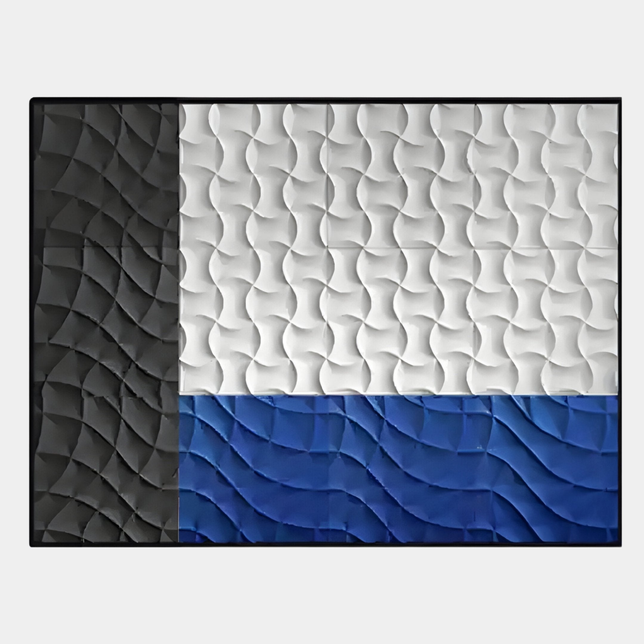 The Trelume White, Black & Blue Wavy Wood Relief 3D Wall Art by Giant Sculptures features three horizontal sections with wavy black, white, and blue patterns, creating a sculptural flag-inspired design for your wall.