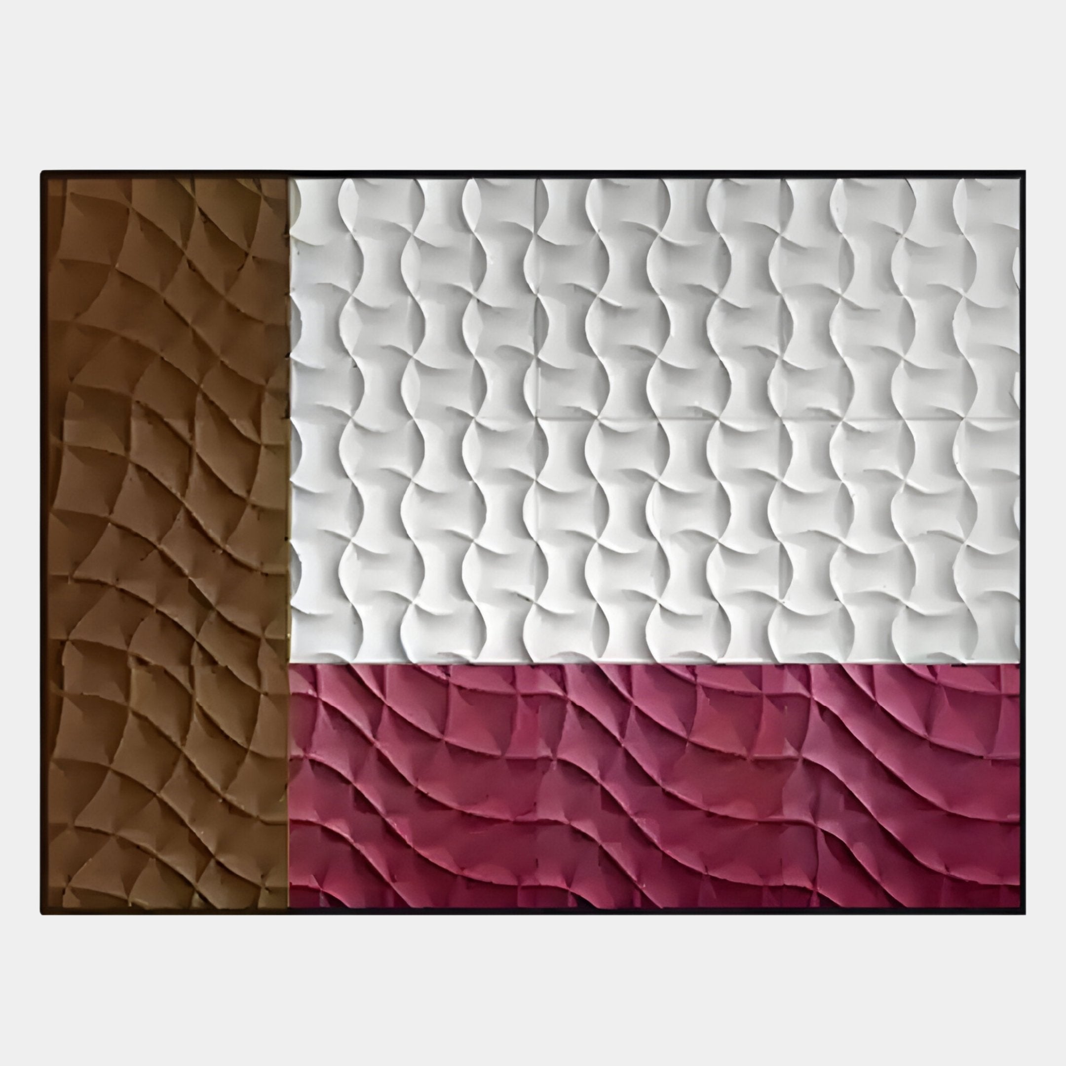 The Trelume White, Brown & Rose Wavy Wood Relief 3D Wall Art by Giant Sculptures features sculptural, quilted waves in brown, white, and maroon sections with a flag-inspired pattern and dynamic texture.