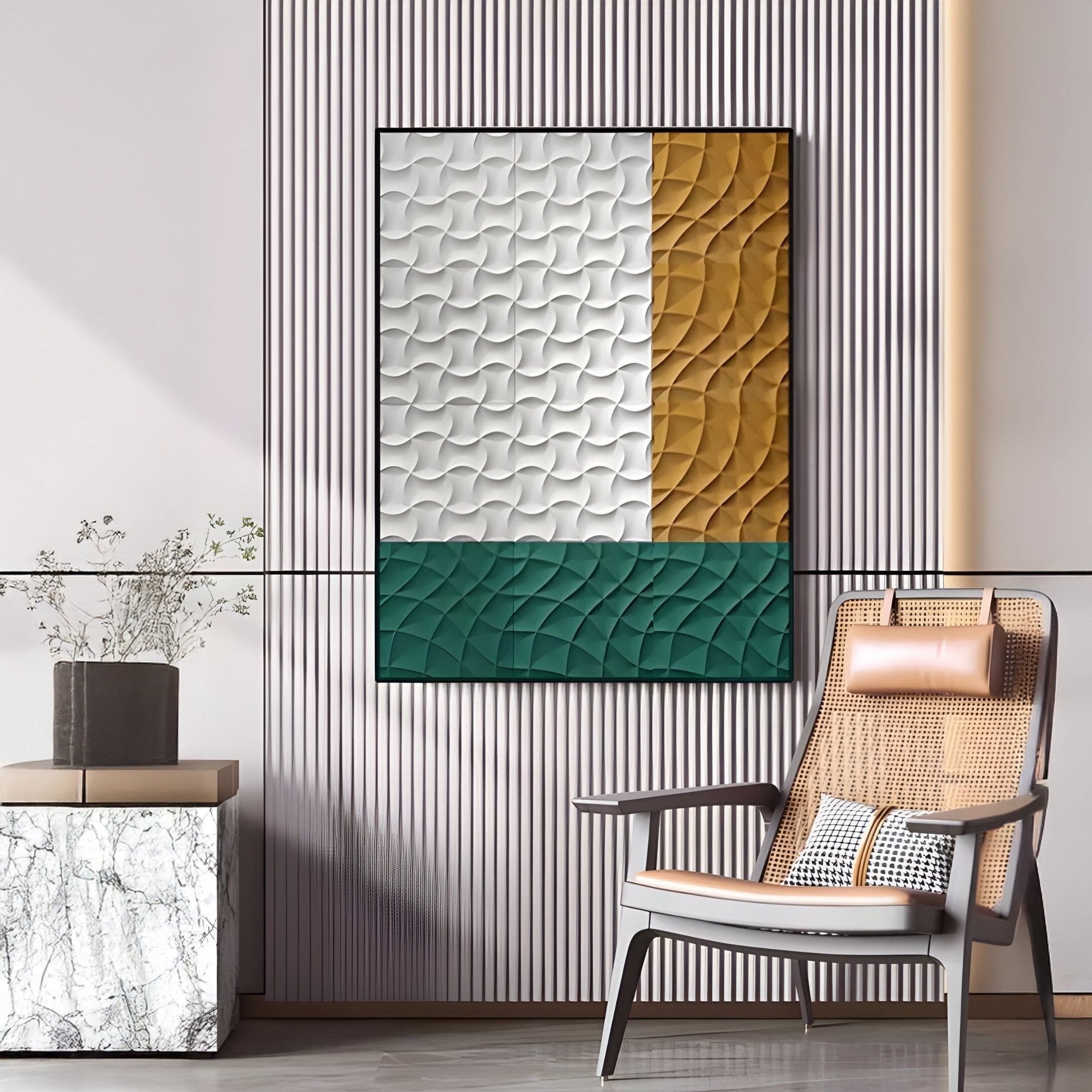 A modern living space showcases Giant Sculptures Trelume White, Green & Gold Wavy Wood Relief 3D Wall Art on a striped wall, paired with a cane armchair and a marble side table topped with a vase of greenery.