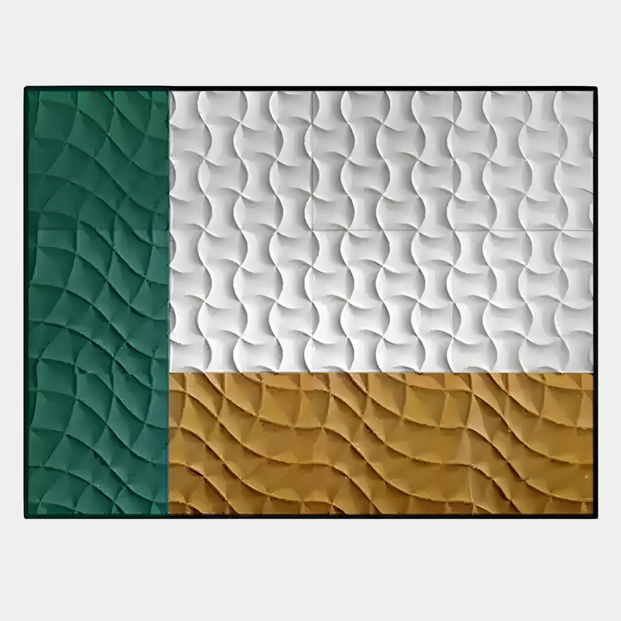 The Trelume White, Green & Gold Wavy Wood Relief 3D Wall Art by Giant Sculptures features bold, contrasting colors and a sculptural, textured wave pattern inspired by flag designs.