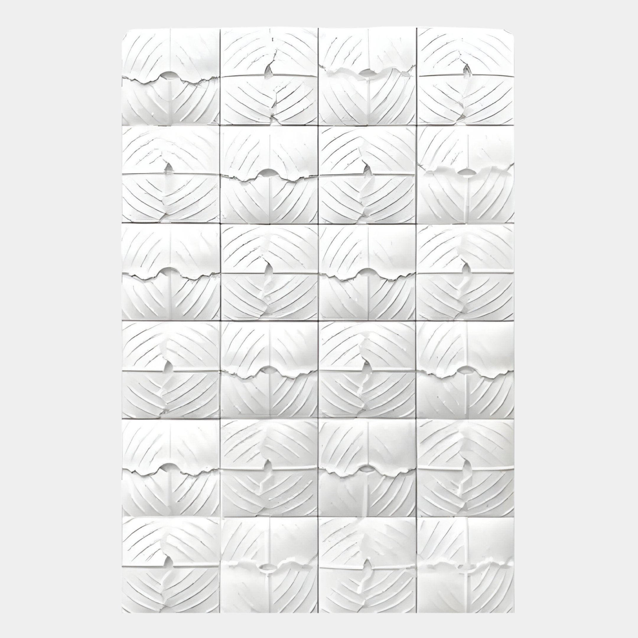 Giant Sculptures Vellura White Textured Wood Relief 3D Wall Art features 30 white square tiles with geometric, leaf-like embossed patterns, creating an elegant minimalist and textured wall design.